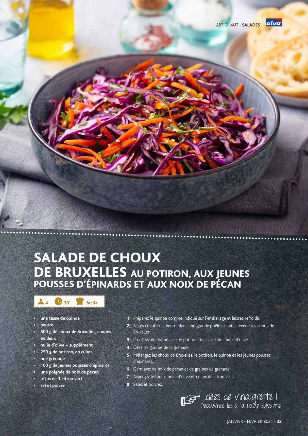 thumbnail - Catalogue Alvo - 01/01/2021 - 01/02/2021 - Produits soldés - salade, artichaut, épinard, choux de bruxelles, potimarron, jeune pousse, beurre, vinaigrette, quinoa. Page 33.
