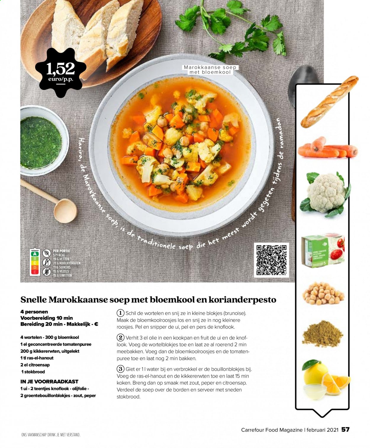 thumbnail - Carrefour-aanbieding -  producten in de aanbieding - bloemkool, citroensap, kikkererwten, knoflook, stokbrood, teentjes, tomatenpuree, uien, olijfolie. Pagina 57.