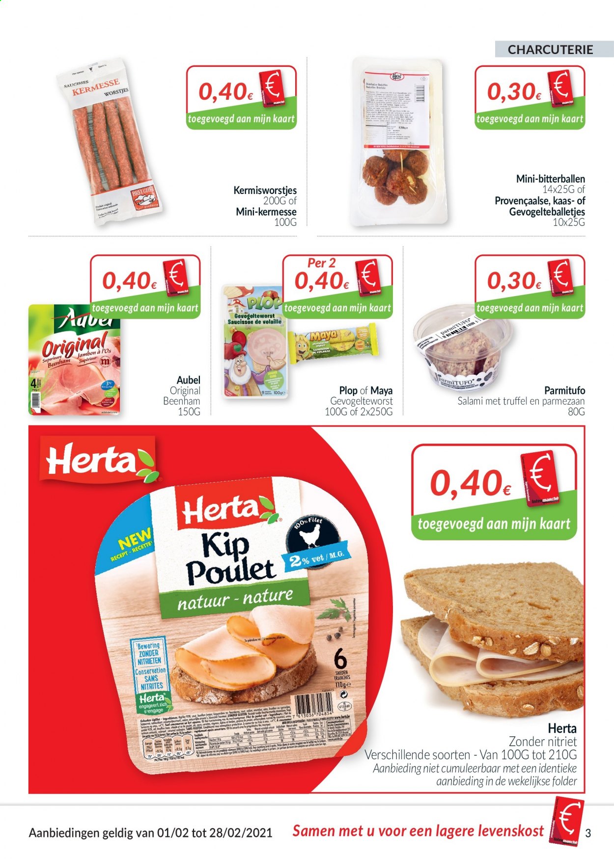 thumbnail - Intermarché-aanbieding - 01/02/2021 - 28/02/2021 -  producten in de aanbieding - beenham, kaas, salami, suiker, truffel, worstjes. Pagina 3.