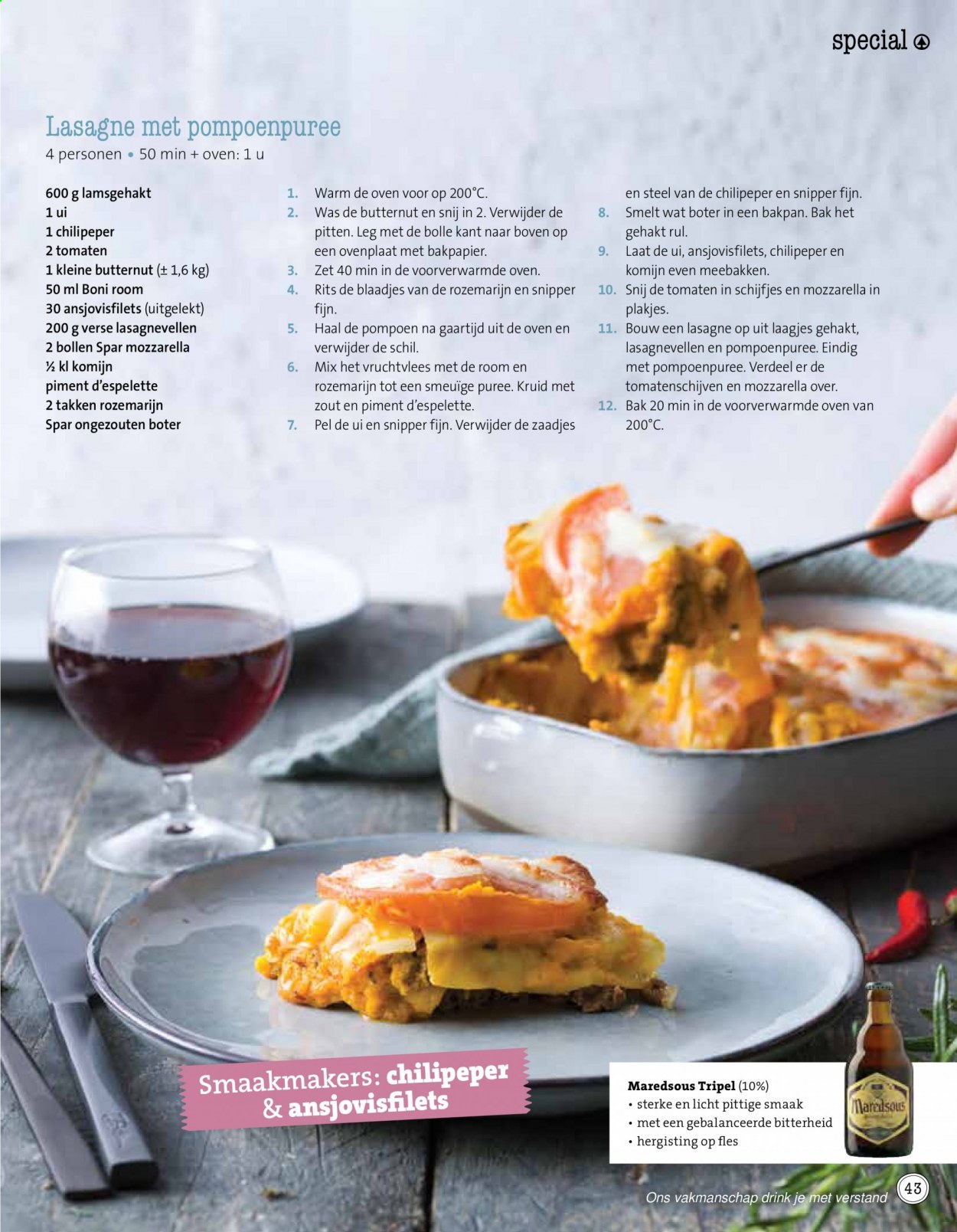 thumbnail - SPAR-aanbieding - 02/02/2021 - 28/02/2021 -  producten in de aanbieding - lasagne, pompoen, room, rozemarijn, uien, mozzarella. Pagina 43.