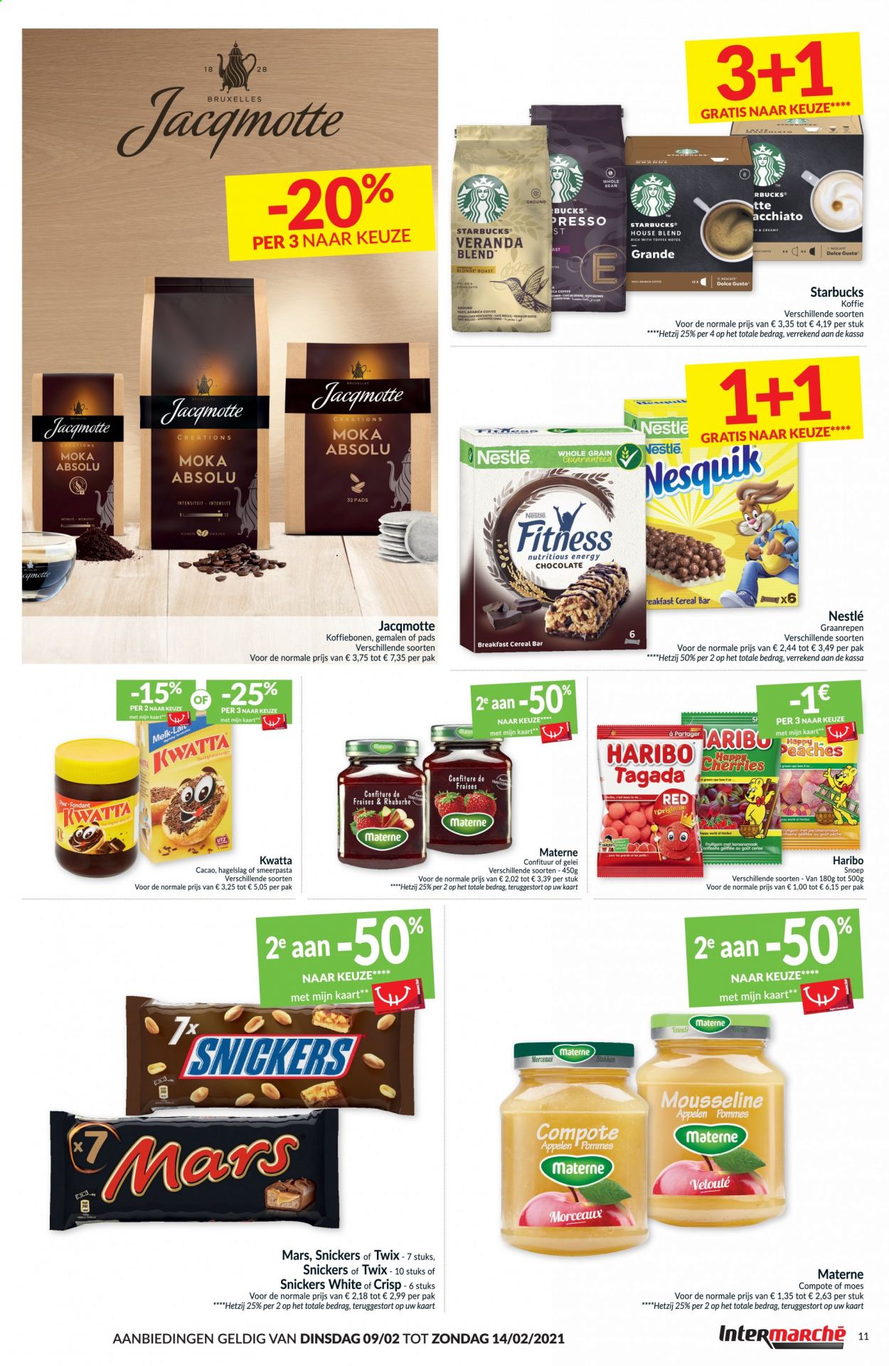 thumbnail - Intermarché-aanbieding - 09/02/2021 - 14/02/2021 -  producten in de aanbieding - Dolce Gusto, koffie, melk, Snickers. Pagina 11.