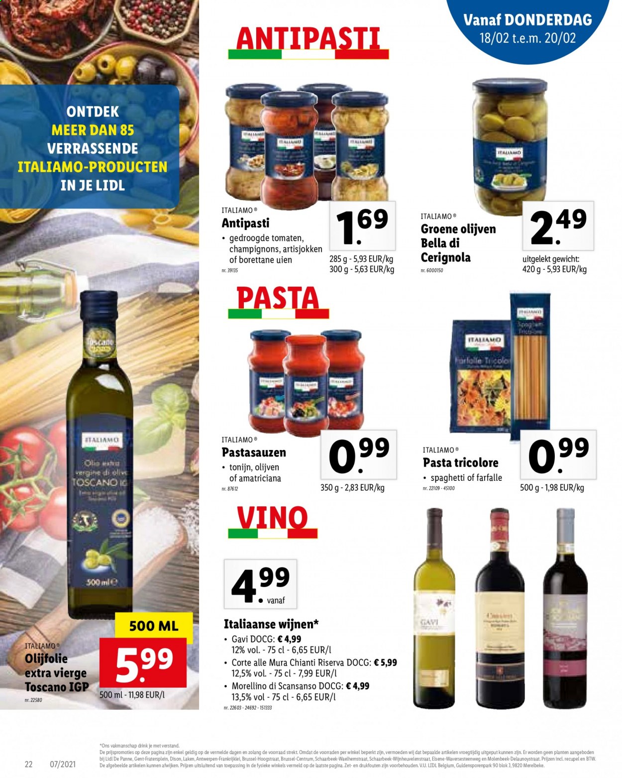 thumbnail - Lidl-aanbieding - 15/02/2021 - 20/02/2021 -  producten in de aanbieding - antipasti, Chianti, pasta, spaghetti, tonijn, olijfolie, olijven, groene olijven, farfalle. Pagina 22.