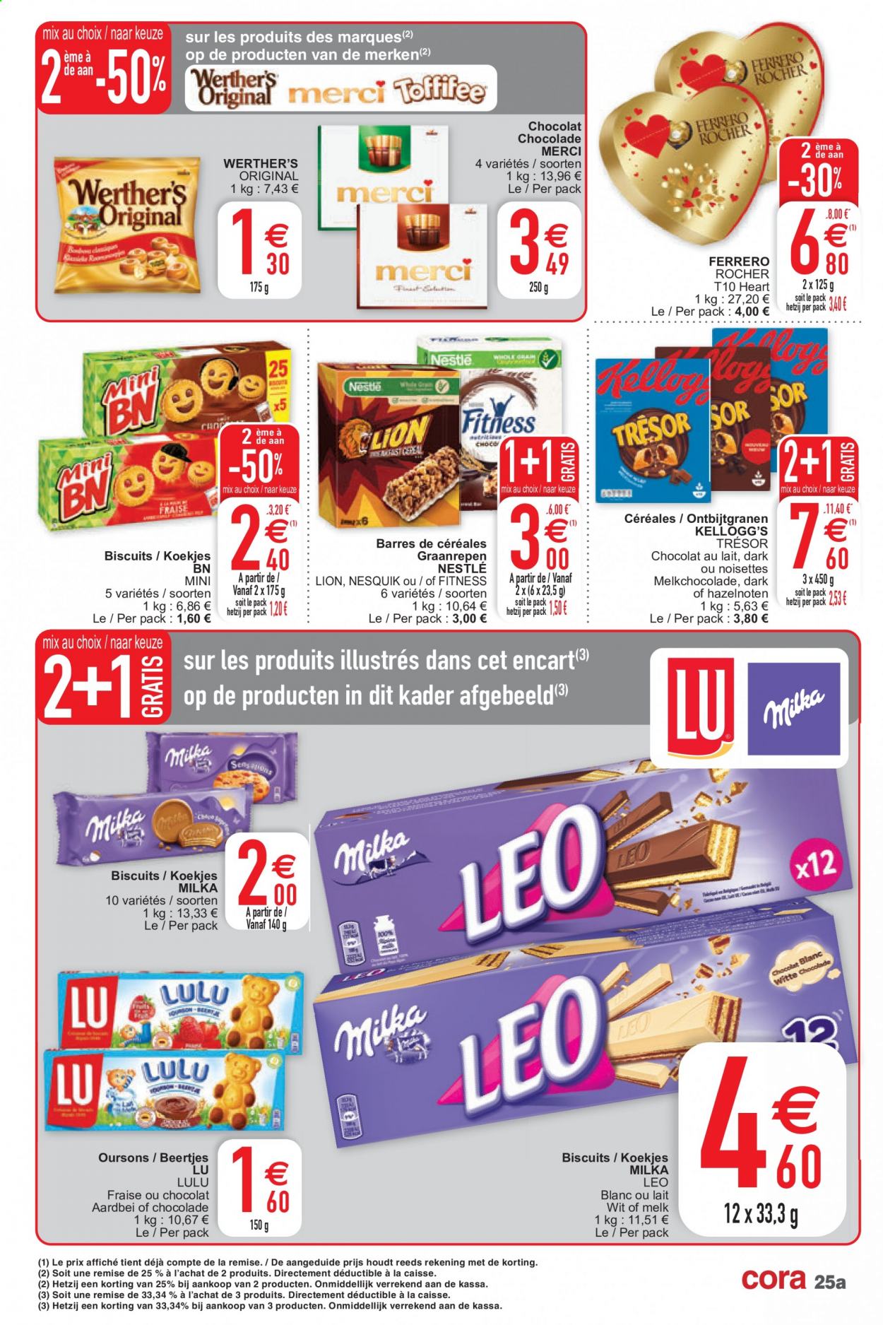 thumbnail - Catalogue Cora - 09/02/2021 - 15/02/2021 - Produits soldés - Nestlé, Nesquik, Milka, Kellogg's, biscuits, Lion, LU, Ferrero Rocher. Page 25.
