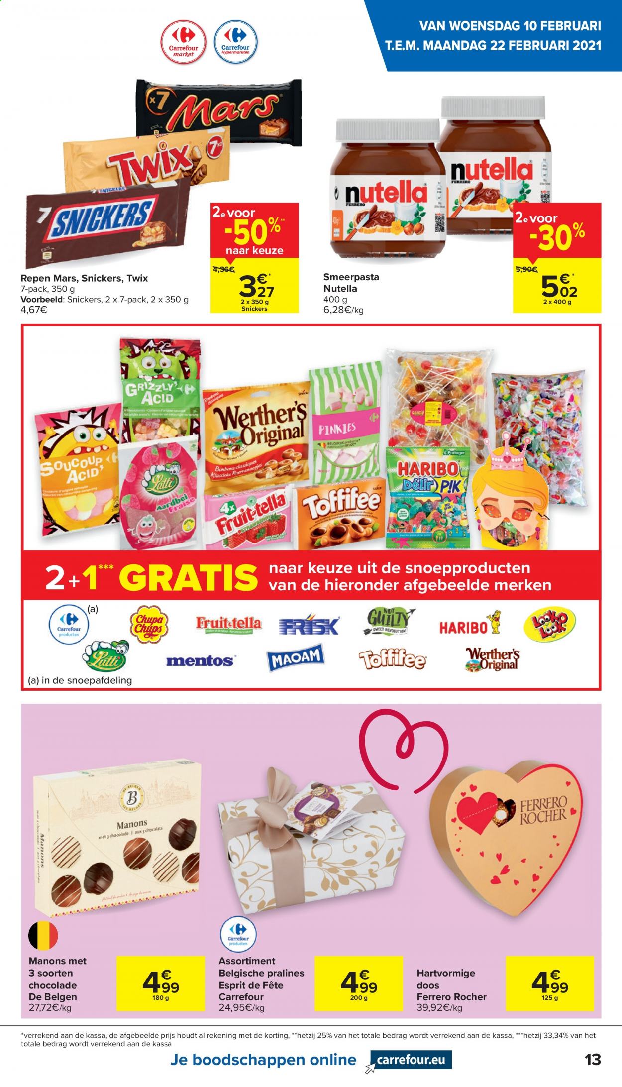 thumbnail - Carrefour-aanbieding - 10/02/2021 - 22/02/2021 -  producten in de aanbieding - chocolade, Snickers, Nutella, Esprit, Ferrero Rocher. Pagina 13.