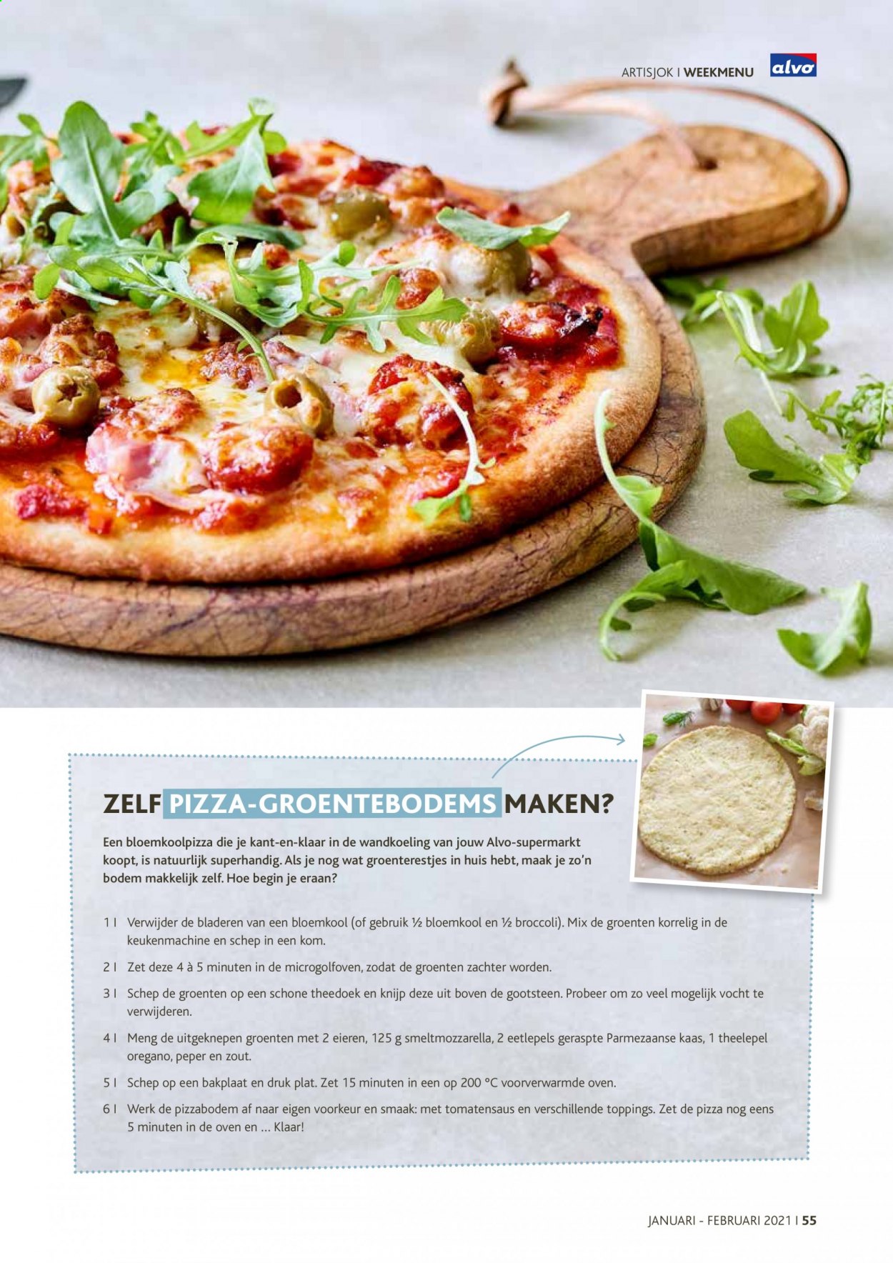 thumbnail - Alvo-aanbieding - 01/01/2021 - 28/02/2021 -  producten in de aanbieding - bloemkool, kaas, oregano, parmezaanse kaas, pizzabodem, tomatensaus, broccoli, pizza. Pagina 55.