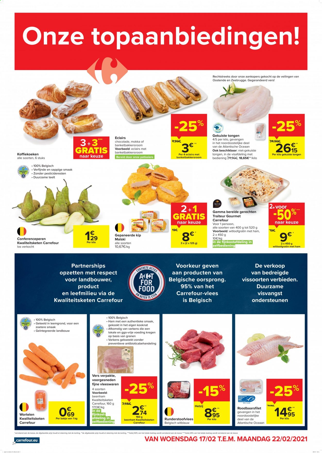 thumbnail - Carrefour market-aanbieding - 17/02/2021 - 22/02/2021 -  producten in de aanbieding - beenham, éclairs, ham, chocolade, gepaneerde kip. Pagina 1.