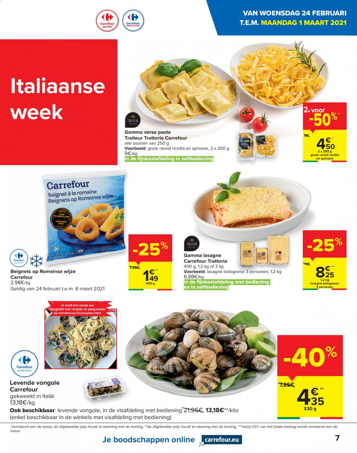 thumbnail - Carrefour-aanbieding - 24/02/2021 - 08/03/2021 -  producten in de aanbieding - lasagne, pasta, ravioli, spaghetti, spinazie, ricotta, Gamma. Pagina 7.