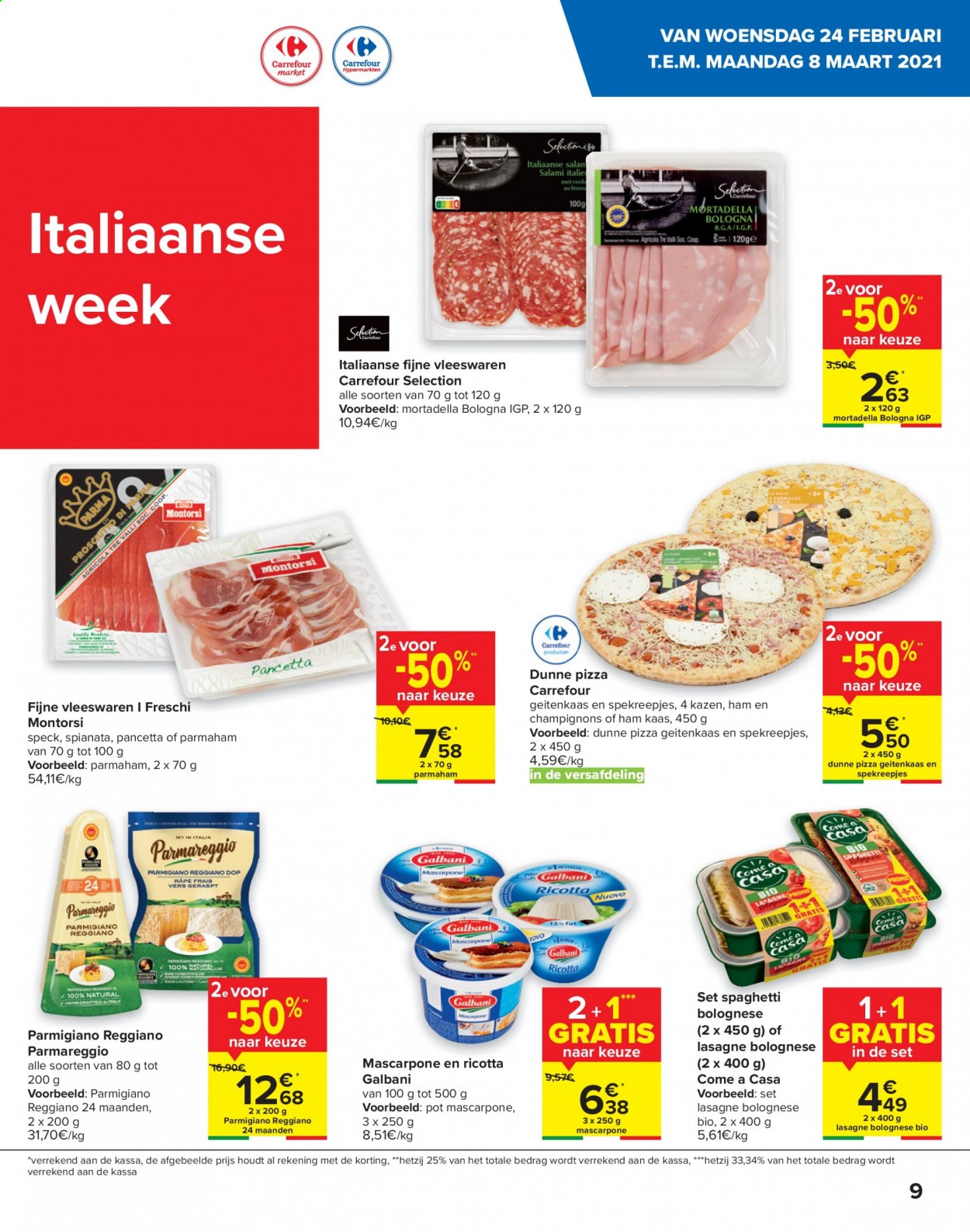 thumbnail - Carrefour-aanbieding - 24/02/2021 - 08/03/2021 -  producten in de aanbieding - ham, kaas, lasagne, mortadella, parmaham, prosciutto di parma, spaghetti, spekreepjes, Mascarpone, pancetta, ricotta, pizza. Pagina 9.