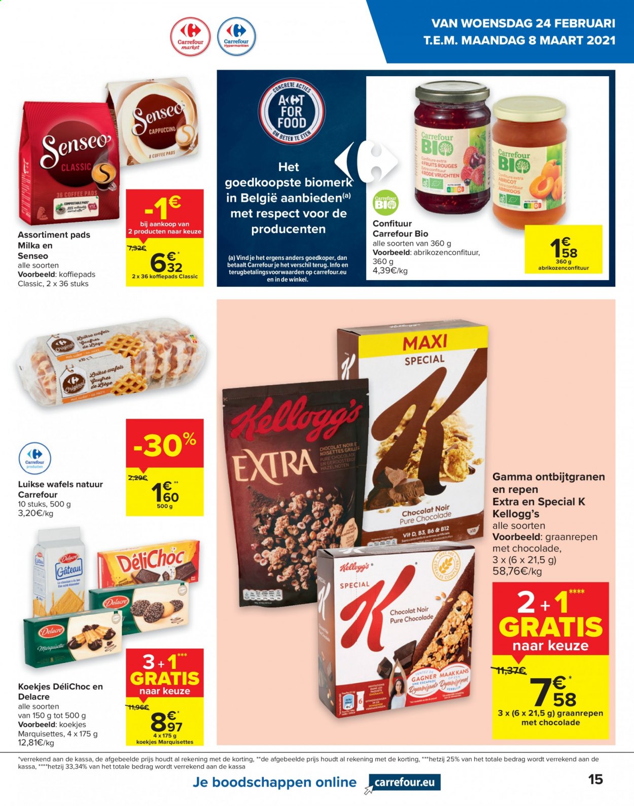 thumbnail - Carrefour-aanbieding - 24/02/2021 - 08/03/2021 -  producten in de aanbieding - chocolade, koekjes, Milka, Kellogg's, Senseo, Gamma. Pagina 15.
