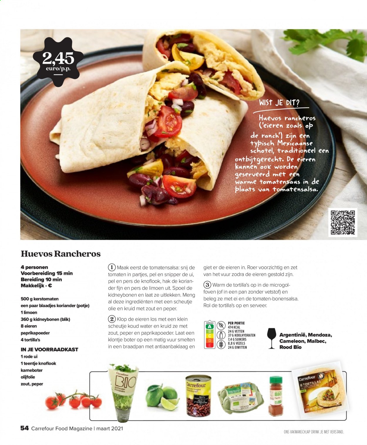 thumbnail - Carrefour-aanbieding - 01/03/2021 - 31/03/2021 -  producten in de aanbieding - ei, kidneybonen, knoflook, koriander, limoen, pan, paprikapoeder, potje, rode ui, tomatensaus, tortillas, uien, olijfolie. Pagina 58.