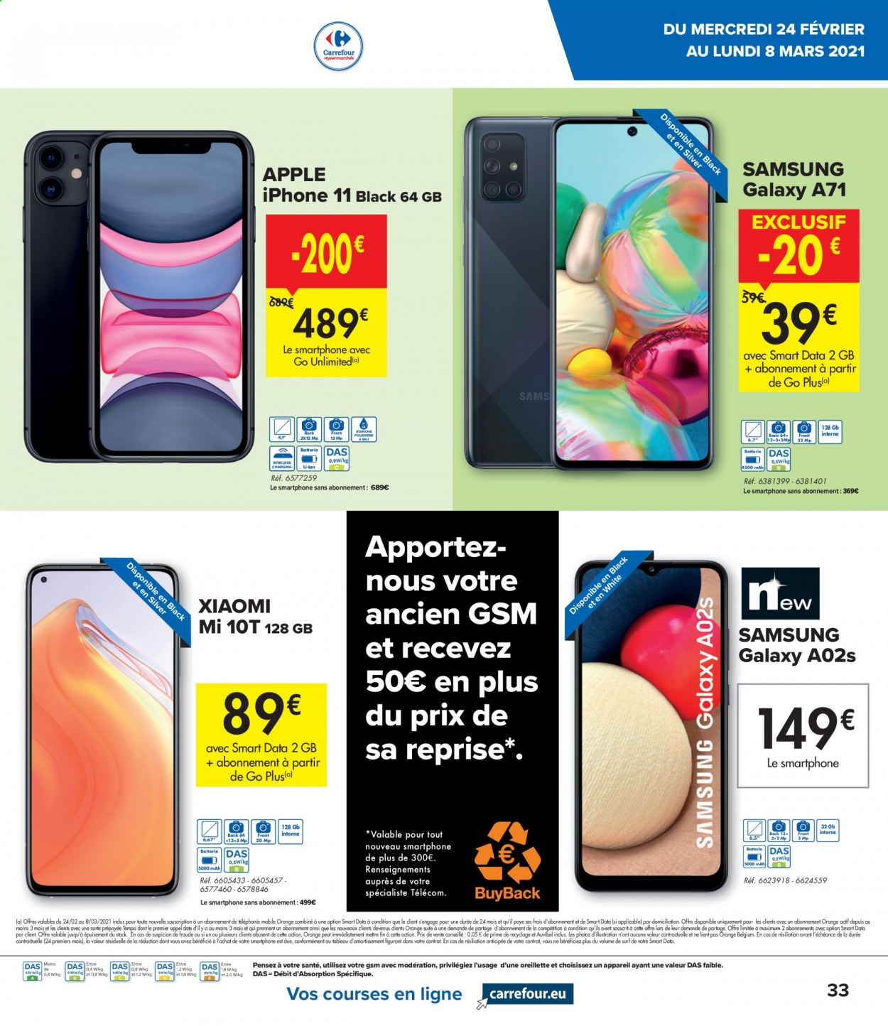 thumbnail - Carrefour hypermarkt-aanbieding - 24/02/2021 - 08/03/2021 -  producten in de aanbieding - appels, Samsung, Santé, smartphone, surfboard, iPhone, iPhone 11, Samsung Galaxy A71. Pagina 13.