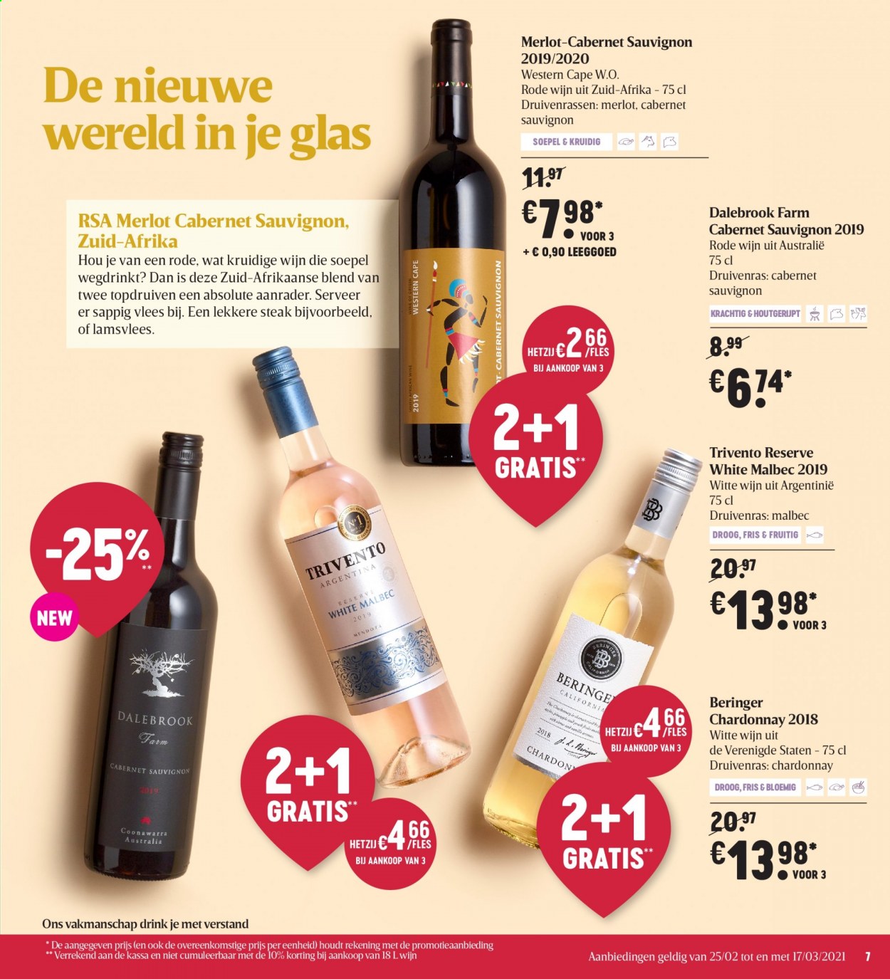 thumbnail - Delhaize-aanbieding - 25/02/2021 - 03/03/2021 -  producten in de aanbieding - Cabernet Sauvignon, Chardonnay, Merlot, rode wijn, witte wijn, wijn, steak. Pagina 7.