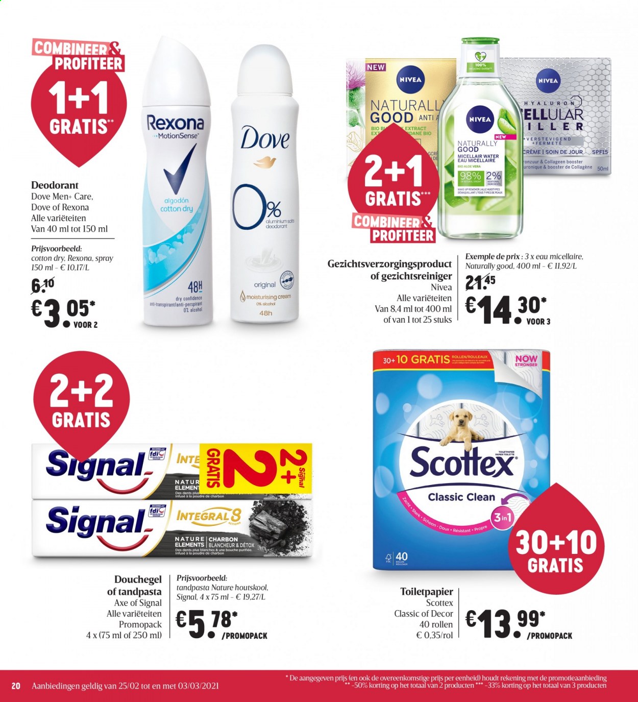 thumbnail - Delhaize-aanbieding - 25/02/2021 - 03/03/2021 -  producten in de aanbieding - douchegel, tandpasta, deodorant, Dove, Rexona, Nivea. Pagina 20.