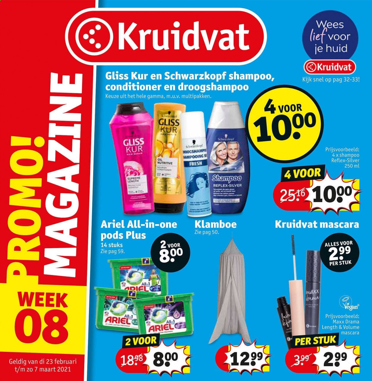 thumbnail - Kruidvat-aanbieding - 23/02/2021 - 07/03/2021 -  producten in de aanbieding - conditioner, Ariel, mascara, shampoo, Schwarzkopf, Gliss Kur, Gamma. Pagina 1.