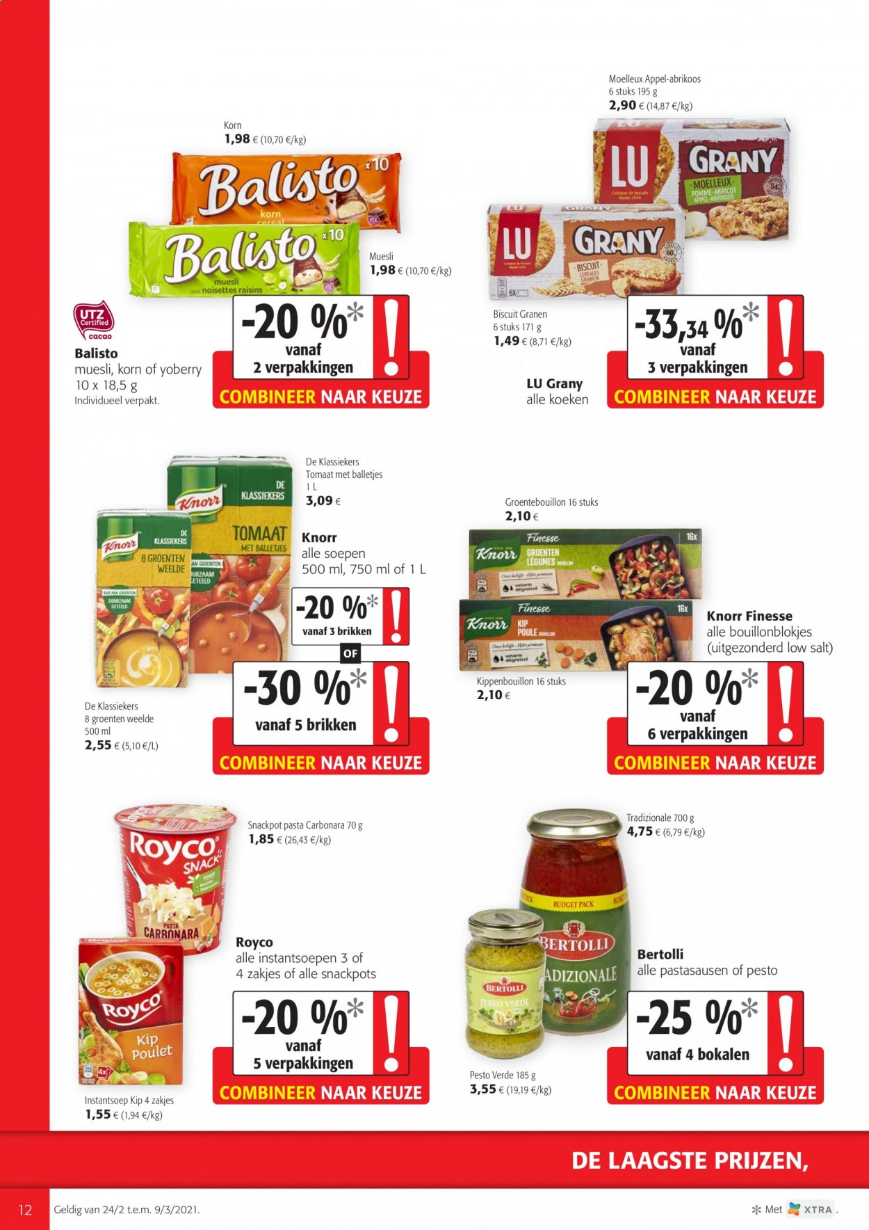 thumbnail - Colruyt-aanbieding - 24/02/2021 - 09/03/2021 -  producten in de aanbieding - appels, Bertolli, kippenbouillon, pasta, tomaten, groentebouillon, pesto. Pagina 12.
