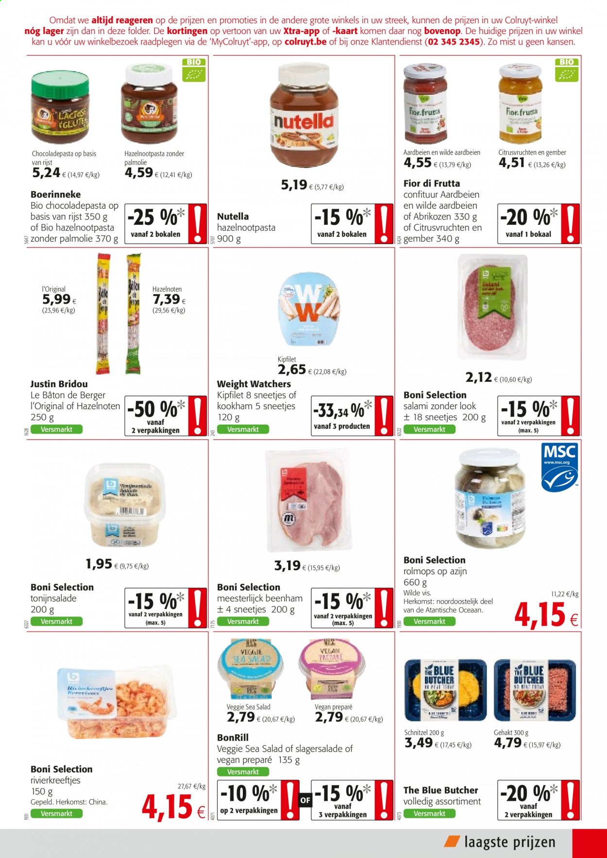 thumbnail - Colruyt-aanbieding - 24/02/2021 - 09/03/2021 -  producten in de aanbieding - aardbeien, azijn, beenham, hazelnoten, kipfilet, rijst, salami, tonijnsalade, gember, Veggie, Nutella. Pagina 9.