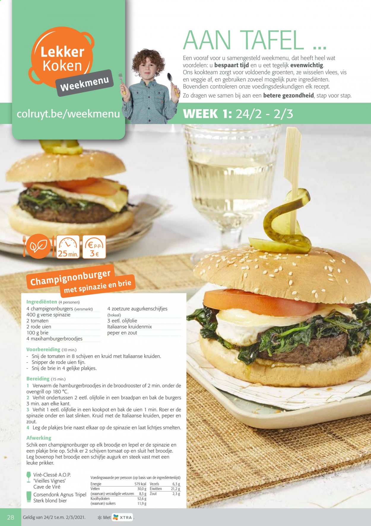 thumbnail - Colruyt-aanbieding - 24/02/2021 - 02/03/2021 -  producten in de aanbieding - augurken, hamburgerbroodjes, italiaanse kruiden, spinazie, tomaten, olijfolie, Veggie, Brie. Pagina 1.