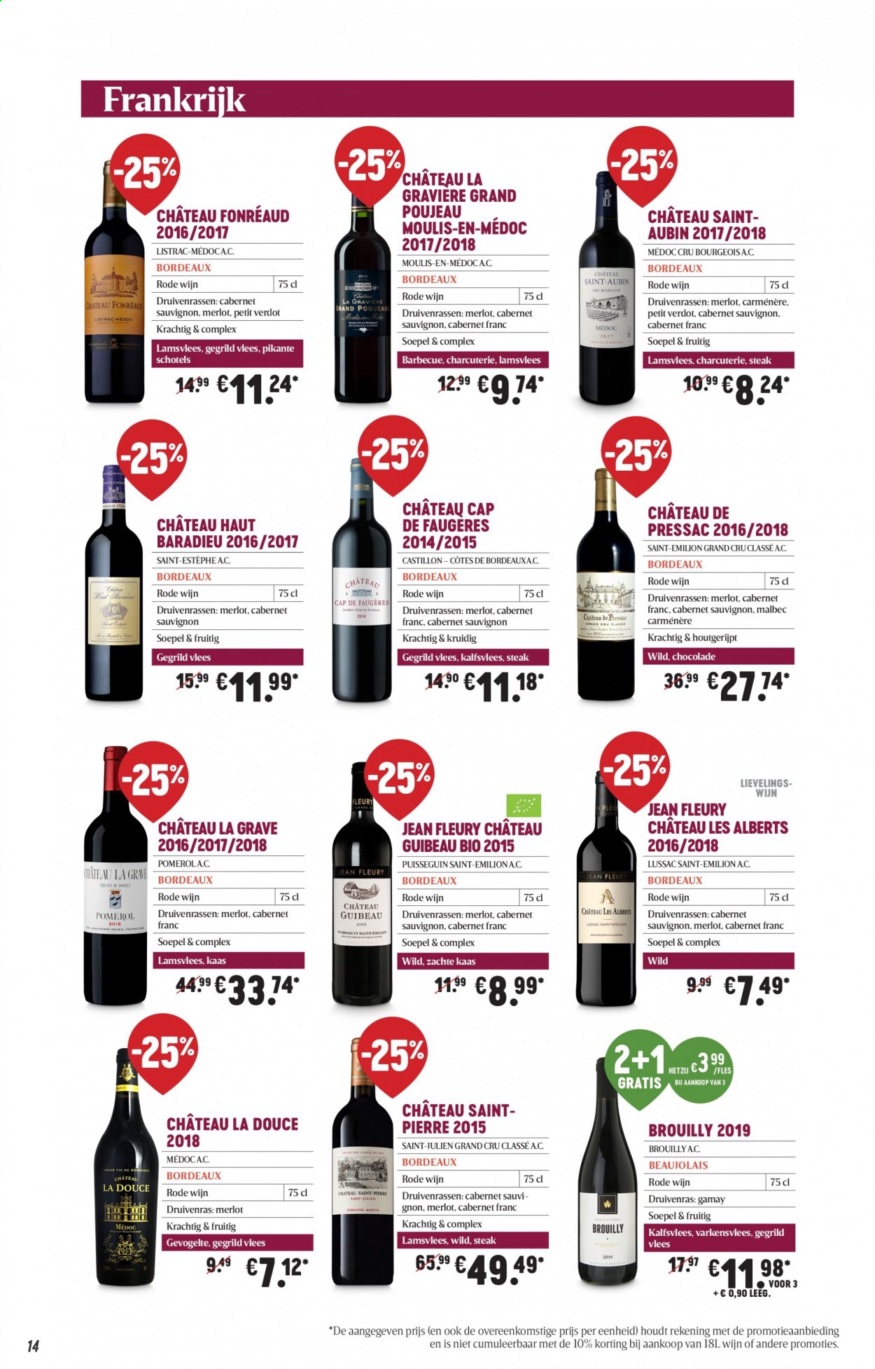 thumbnail - Delhaize-aanbieding - 25/02/2021 - 17/03/2021 -  producten in de aanbieding - Cabernet Sauvignon, Carmenère, chocolade, kaas, Merlot, rode wijn, wijn, Beaujolais, steak, BBQ. Pagina 14.