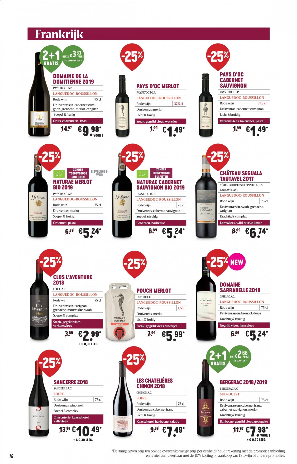 thumbnail - Delhaize-aanbieding - 25/02/2021 - 17/03/2021 -  producten in de aanbieding - Cabernet Sauvignon, kaas, Merlot, pasta, Pinot Noir, rode wijn, worstjes, wijn, steak, Côtes du Roussillon, BBQ. Pagina 16.