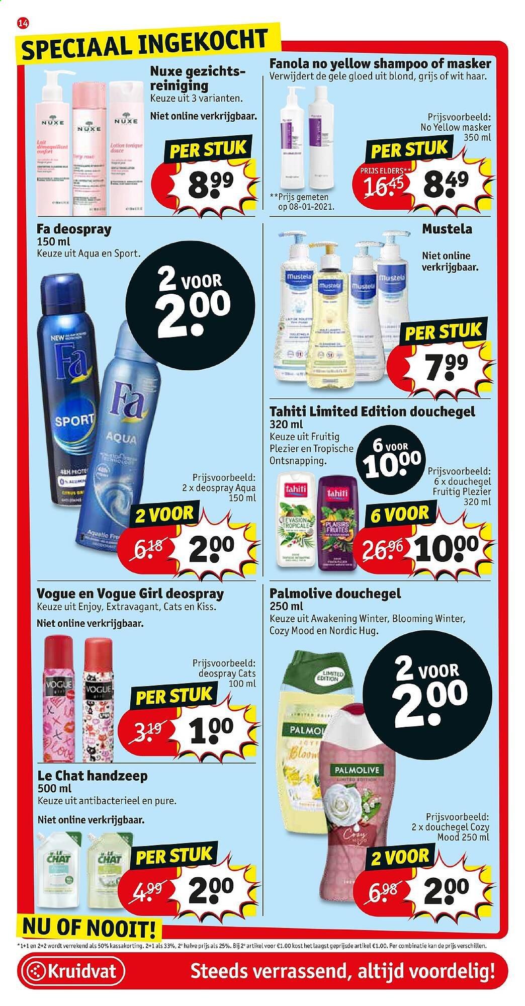 thumbnail - Kruidvat-aanbieding - 02/03/2021 - 07/03/2021 -  producten in de aanbieding - deospray, douchegel, handzeep, Palmolive, shampoo, Fa. Pagina 14.