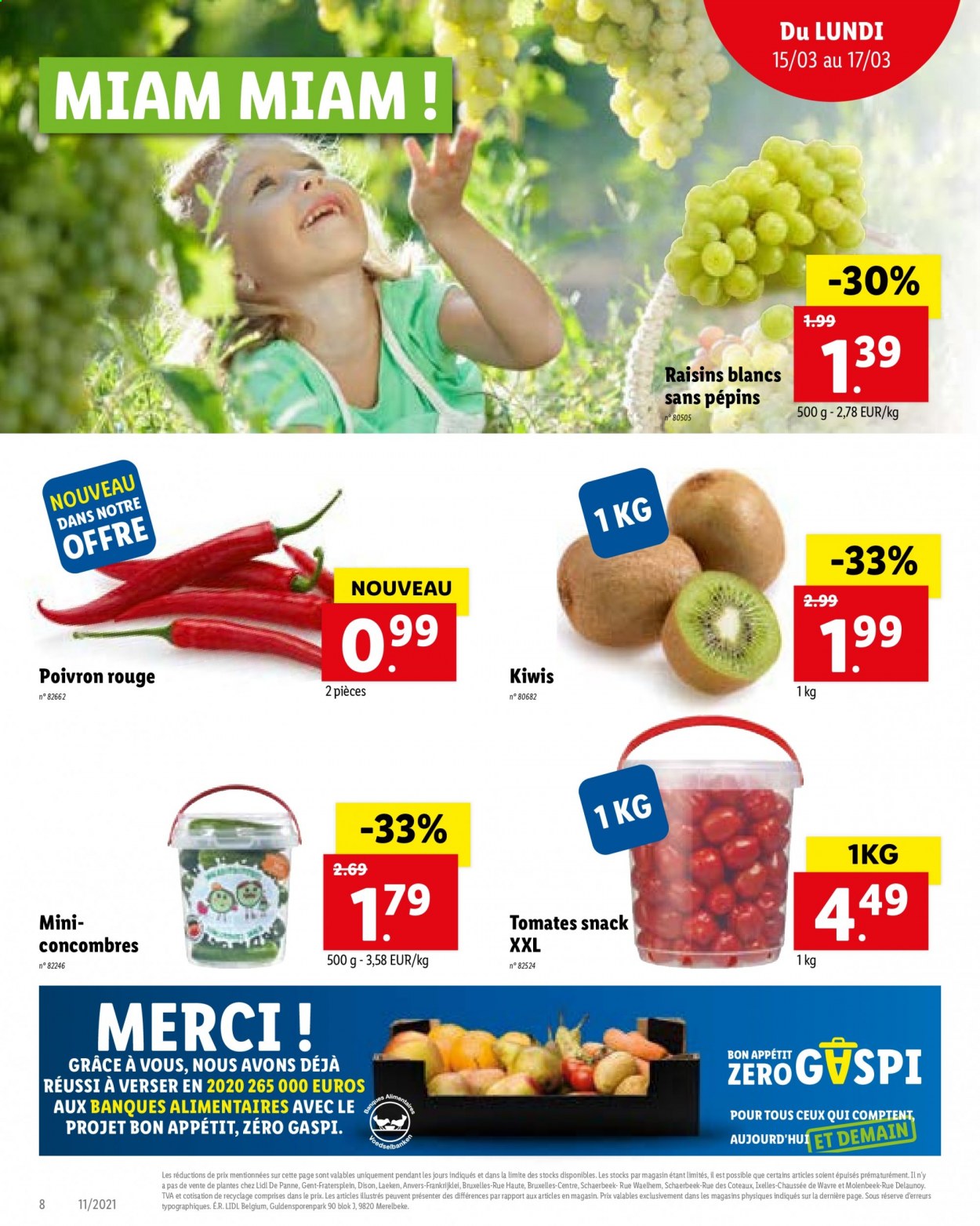 thumbnail - Catalogue Lidl - 15/03/2021 - 20/03/2021 - Produits soldés - tomates, concombre, poivrons, kiwi, raisins. Page 8.