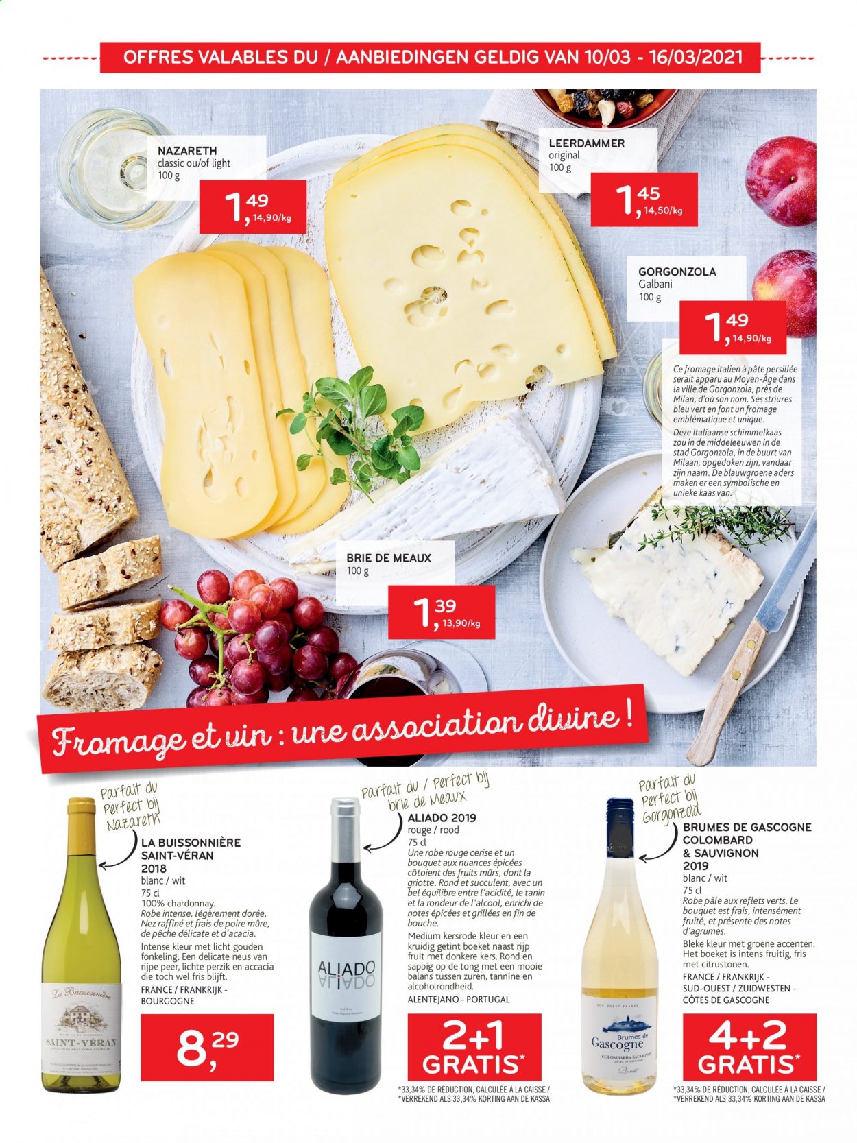 thumbnail - Alvo-aanbieding - 10/03/2021 - 23/03/2021 -  producten in de aanbieding - Chardonnay, kaas, Leerdammer, peer, perzik, Gorgonzola, Côtes de Gascogne, Brie. Pagina 2.