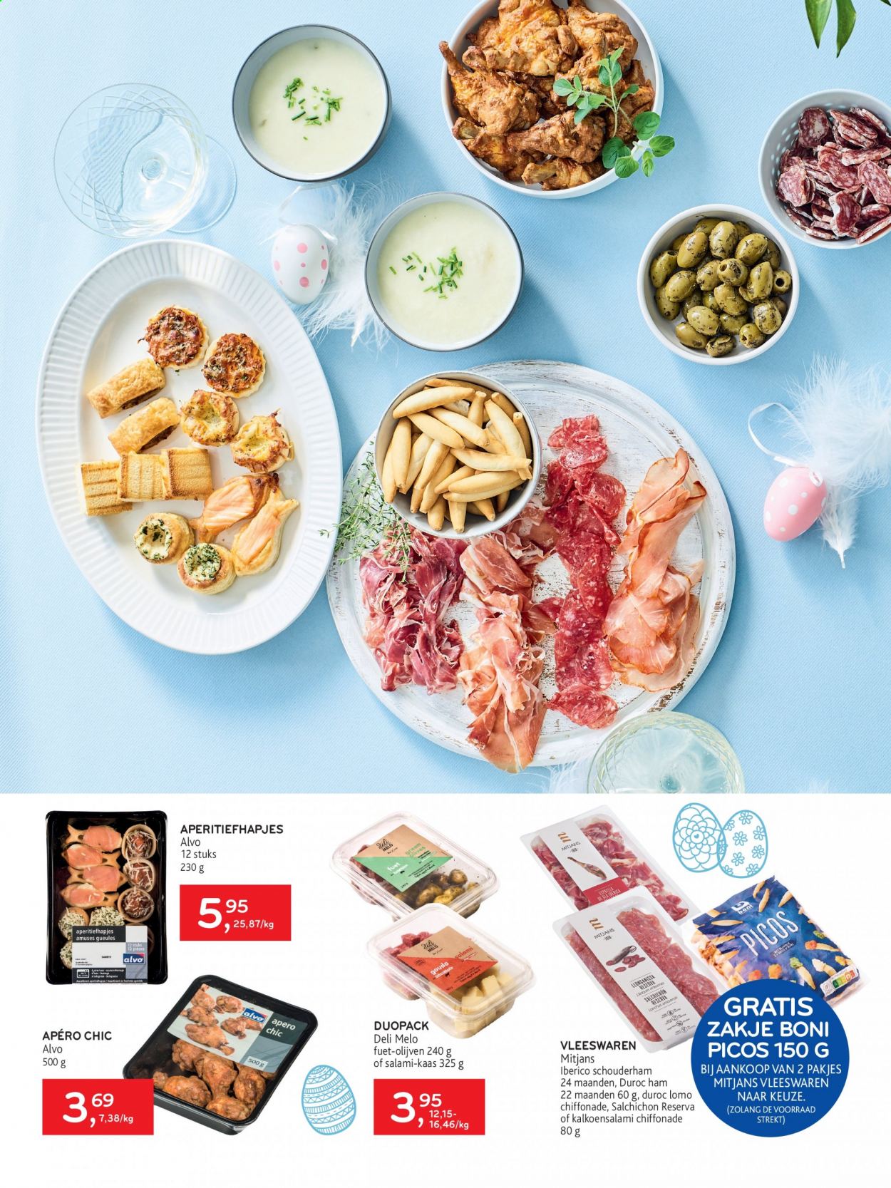 thumbnail - Alvo-aanbieding - 24/03/2021 - 06/04/2021 -  producten in de aanbieding - aperitiefhapjes, ham, kaas, salami, schouderham, olijven. Pagina 2.