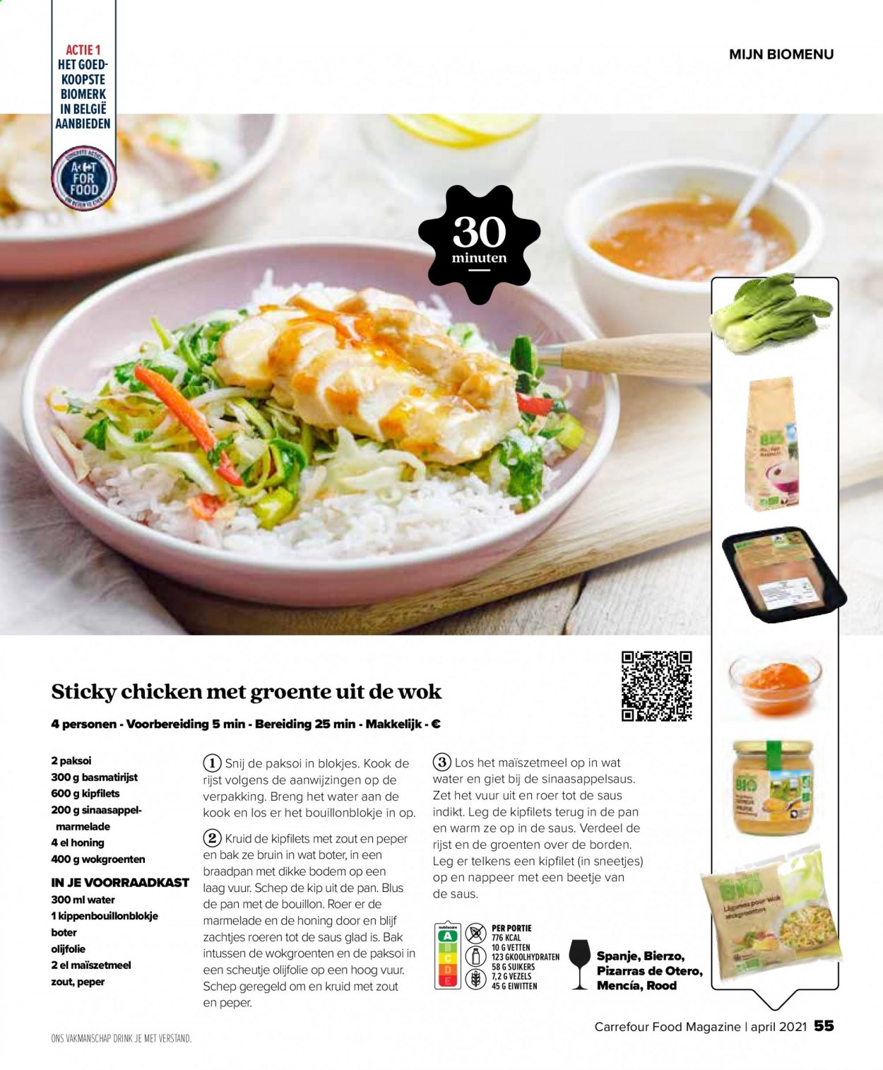 thumbnail - Carrefour-aanbieding - 01/04/2021 - 30/04/2021 -  producten in de aanbieding - basmatirijst, kipfilet, kippenbouillonblokje, paksoi, pan, rijst, olijfolie. Pagina 55.