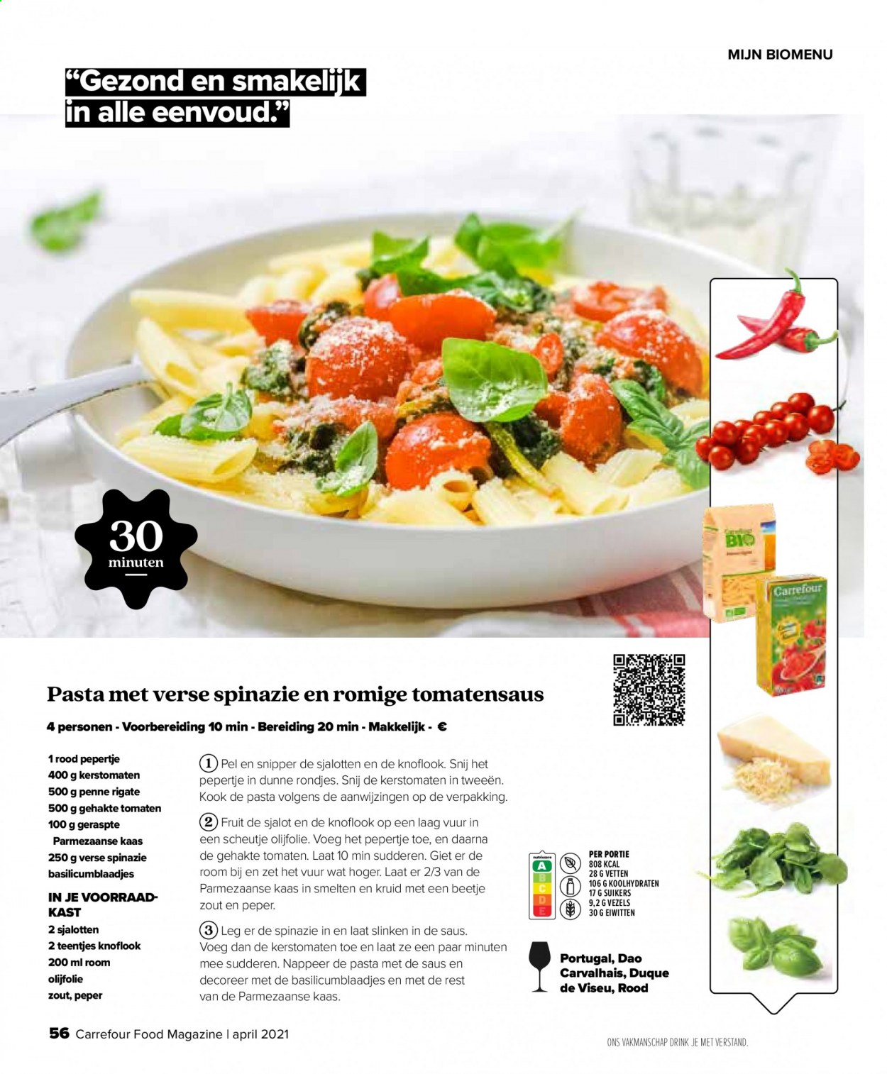thumbnail - Carrefour-aanbieding - 01/04/2021 - 30/04/2021 -  producten in de aanbieding - kaas, knoflook, parmezaanse kaas, pasta, penne, room, spinazie, teentjes, tomatensaus, olijfolie. Pagina 56.