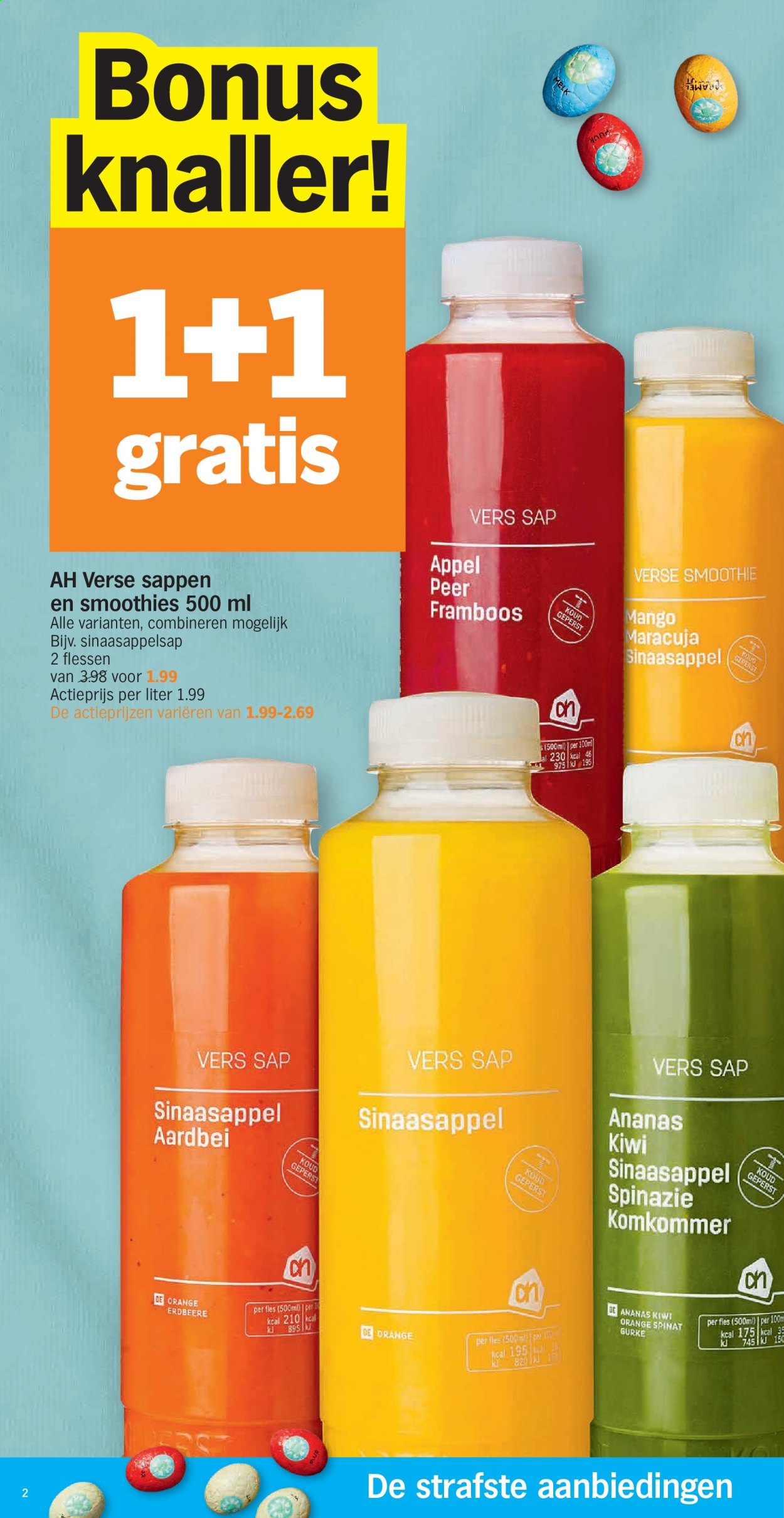 thumbnail - Albert Heijn-aanbieding - 29/03/2021 - 05/04/2021 -  producten in de aanbieding - appels, komkommer, peer, sinaasappels, sinaasappelsap, smoothie, spinazie, kiwi, mango, ananas. Pagina 2.