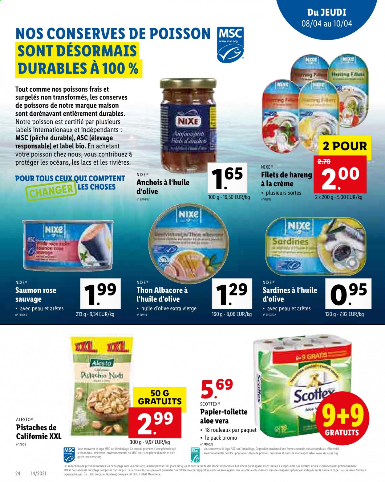 thumbnail - Catalogue Lidl - 06/04/2021 - 10/04/2021 - Produits soldés - saumon, hareng, sardines, anchois, huile, huile d'olive, pistache, maison. Page 24.