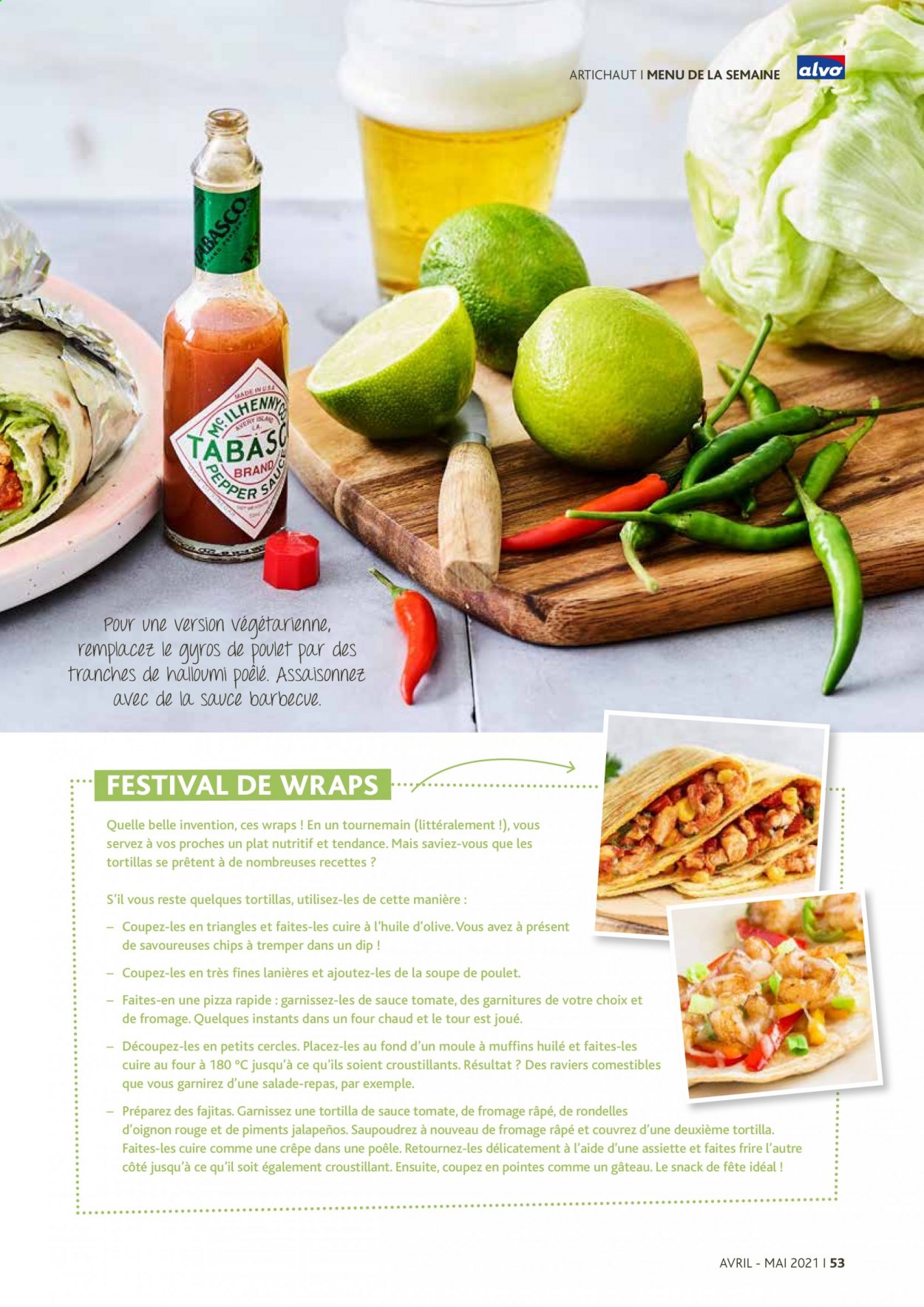 thumbnail - Catalogue Alvo - 01/04/2021 - 31/05/2021 - Produits soldés - salade, artichaut, tortilla, soupe, fajitas, fromage râpé, chips, sauce tomate, huile d'olive. Page 53.