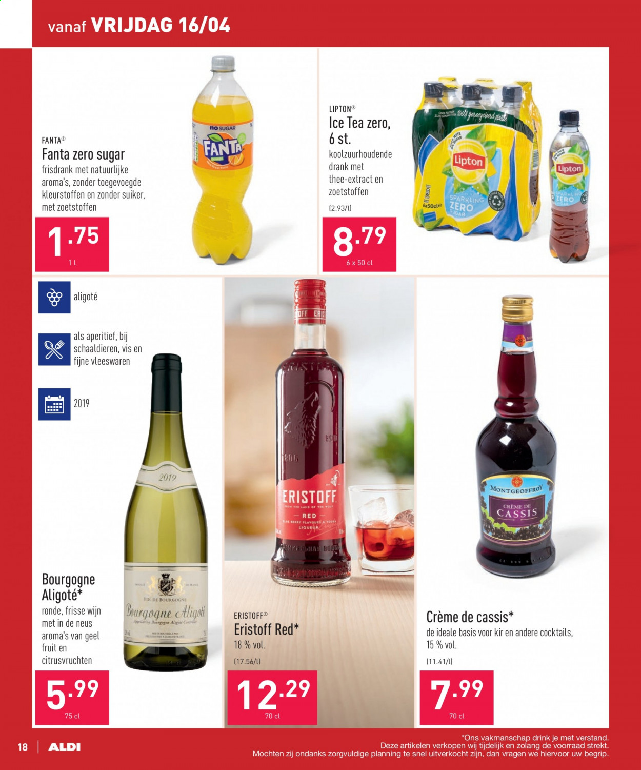 thumbnail - ALDI-aanbieding - 12/04/2021 - 17/04/2021 -  producten in de aanbieding - Crème de cassis, ice tea, suiker, thee, Fanta, wijn, Lipton, crème. Pagina 18.