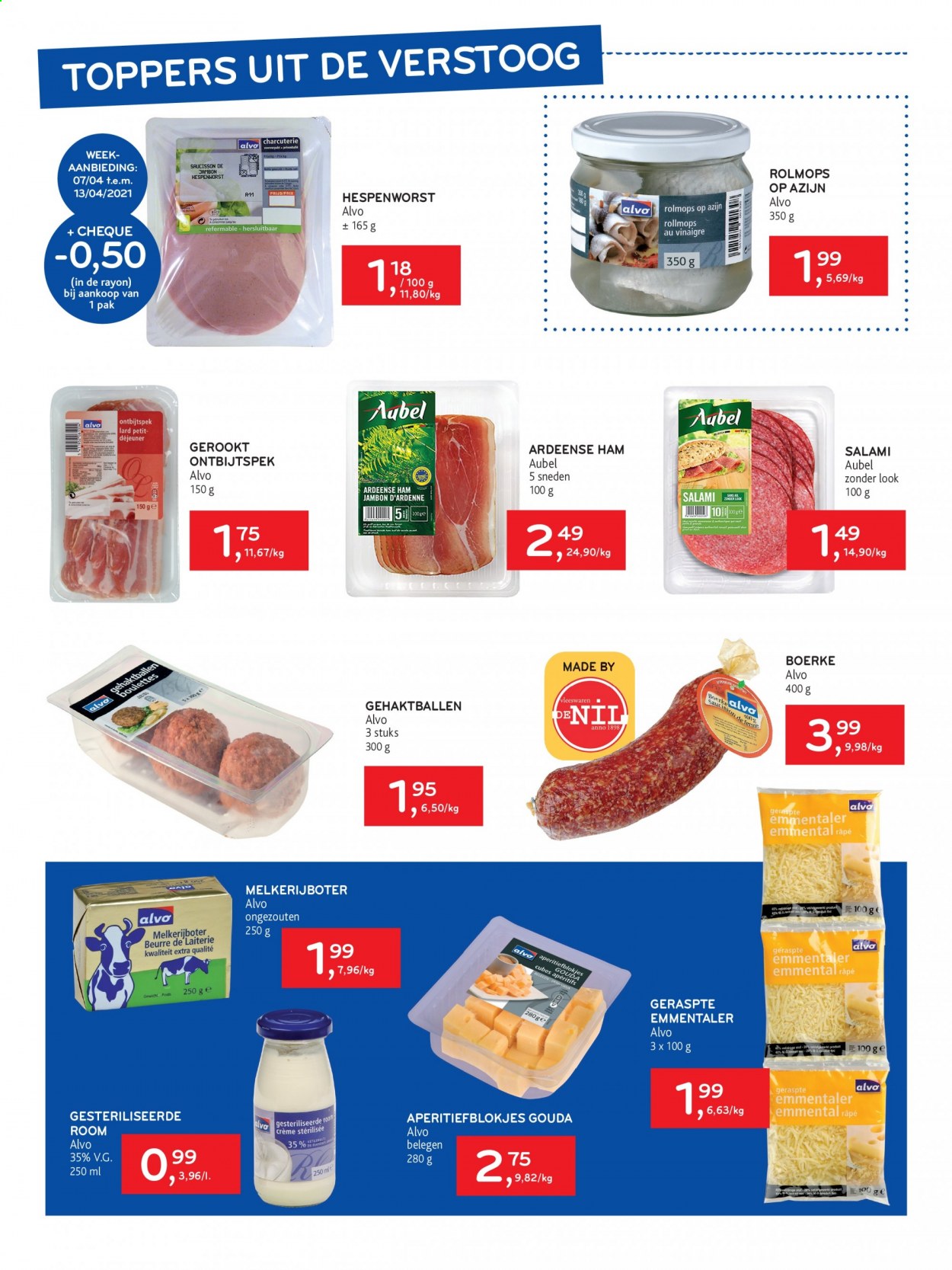 thumbnail - Alvo-aanbieding - 07/04/2021 - 20/04/2021 -  producten in de aanbieding - azijn, ham, room, salami, ontbijtspek, lard, gouda, Emmental, crème. Pagina 10.