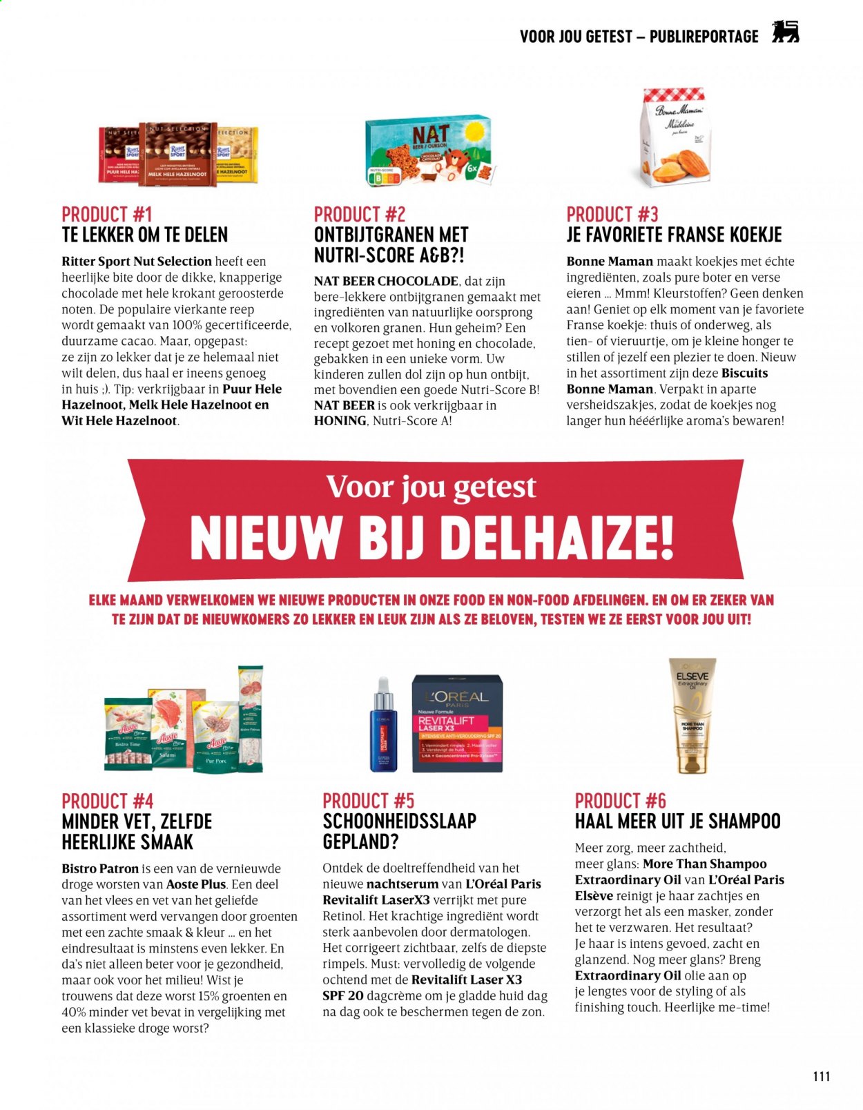 thumbnail - Delhaize-aanbieding - 01/04/2021 - 31/05/2021 -  producten in de aanbieding - dagcrème, chocolade, koekjes, melk, styling, L’oréal, Ritter Sport, shampoo, Elseve. Pagina 111.