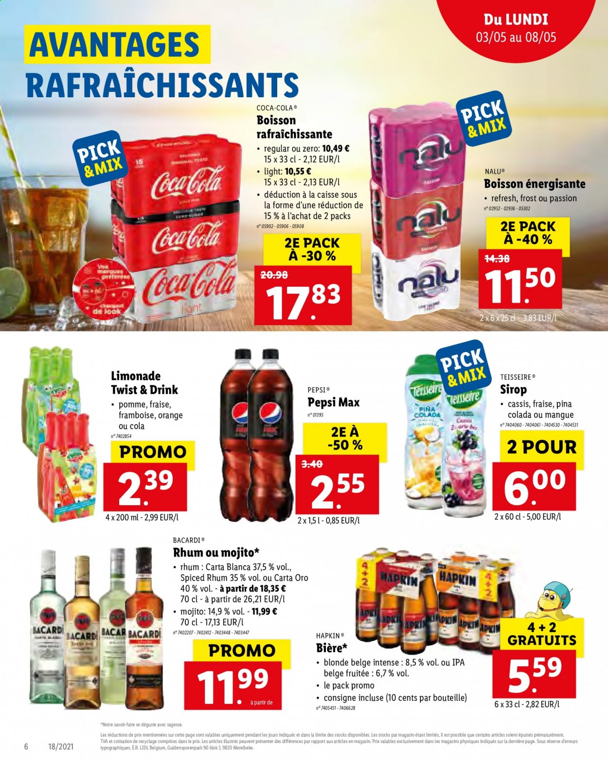 thumbnail - Catalogue Lidl - 03/05/2021 - 08/05/2021 - Produits soldés - sirop, Coca-Cola, Pepsi, limonade, alcool, rhum, bière. Page 6.