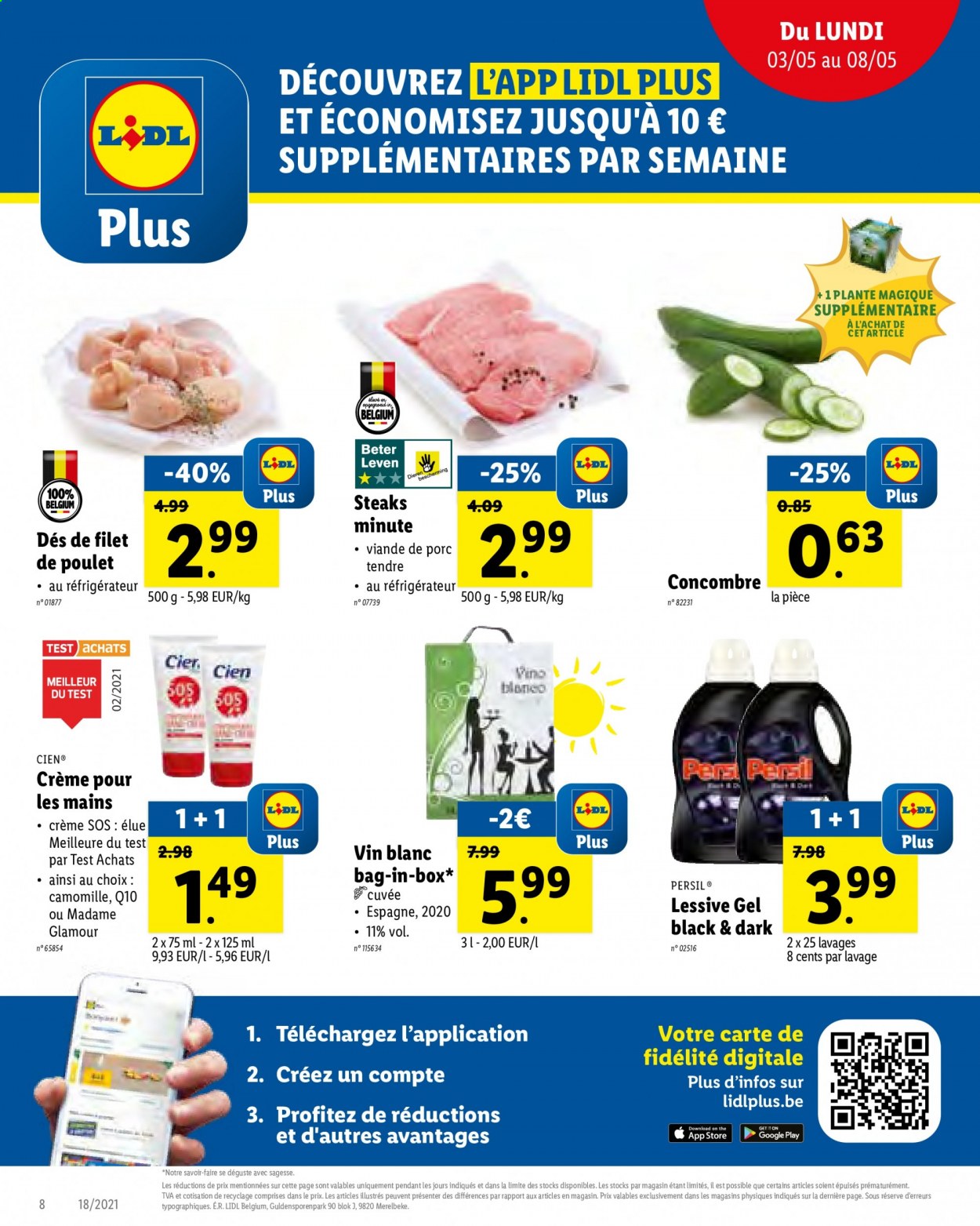 thumbnail - Catalogue Lidl - 03/05/2021 - 08/05/2021 - Produits soldés - viande de porc, concombre, filet de poulet, vin blanc, vin, lessive, crème mains. Page 8.