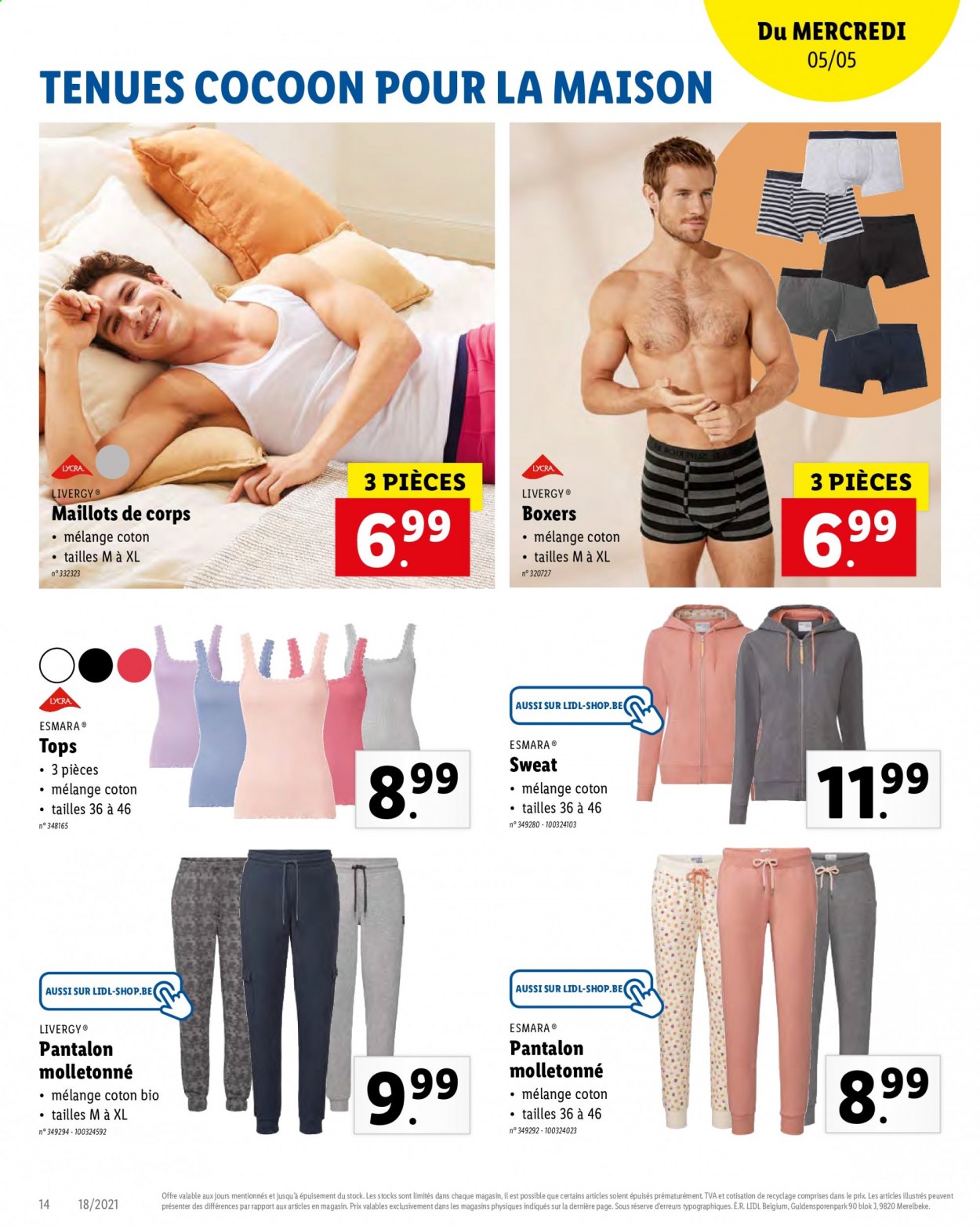 thumbnail - Catalogue Lidl - 03/05/2021 - 08/05/2021 - Produits soldés - pantalon, sweat-shirt, boxers. Page 14.