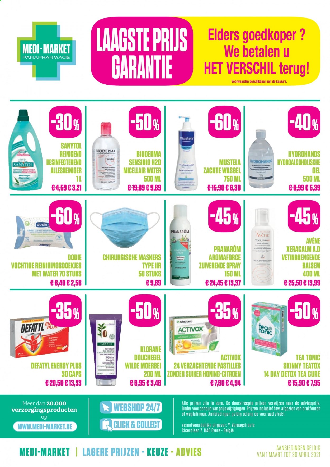 thumbnail - Medi-Market-aanbieding -  producten in de aanbieding - douchegel, micellair water, reinigingsdoekjes, Avéne, Bioderma, Klorane. Pagina 36.
