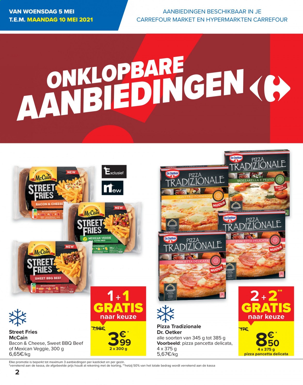 thumbnail - Carrefour-aanbieding - 05/05/2021 - 17/05/2021 -  producten in de aanbieding - Dr. Oetker, McCain, Veggie, bacon, mozzarella, pancetta, pizza, pesto, BBQ. Pagina 2.