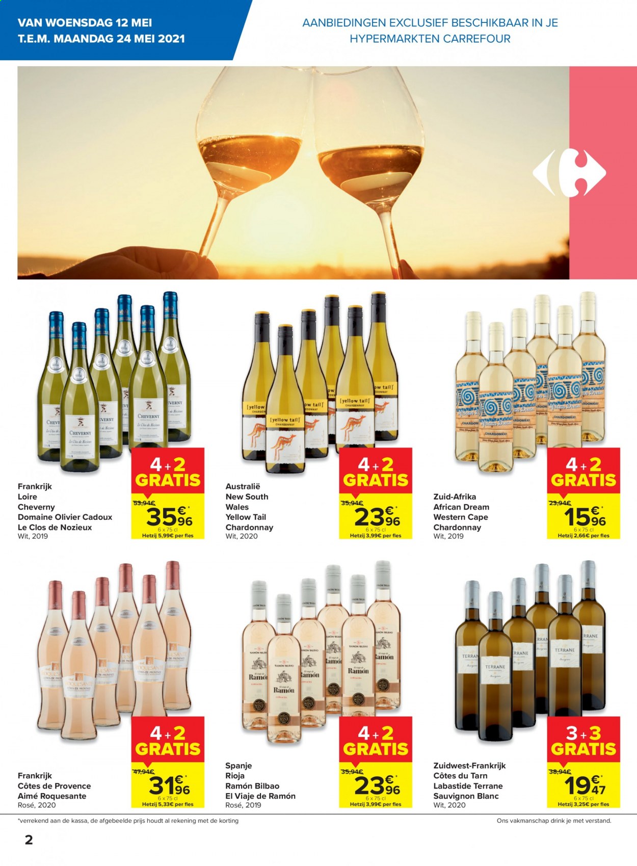 thumbnail - Carrefour-aanbieding - 12/05/2021 - 25/05/2021 -  producten in de aanbieding - Chardonnay, Rioja, Côtes de Provence, Sauvignon Blanc. Pagina 2.