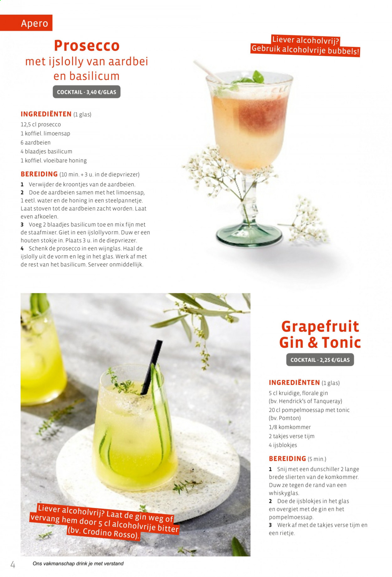 thumbnail - Colruyt-aanbieding -  producten in de aanbieding - aardbeien, basilicum, komkommer, rietjes, tijm, grapefruit, prosecco, gin. Pagina 4.