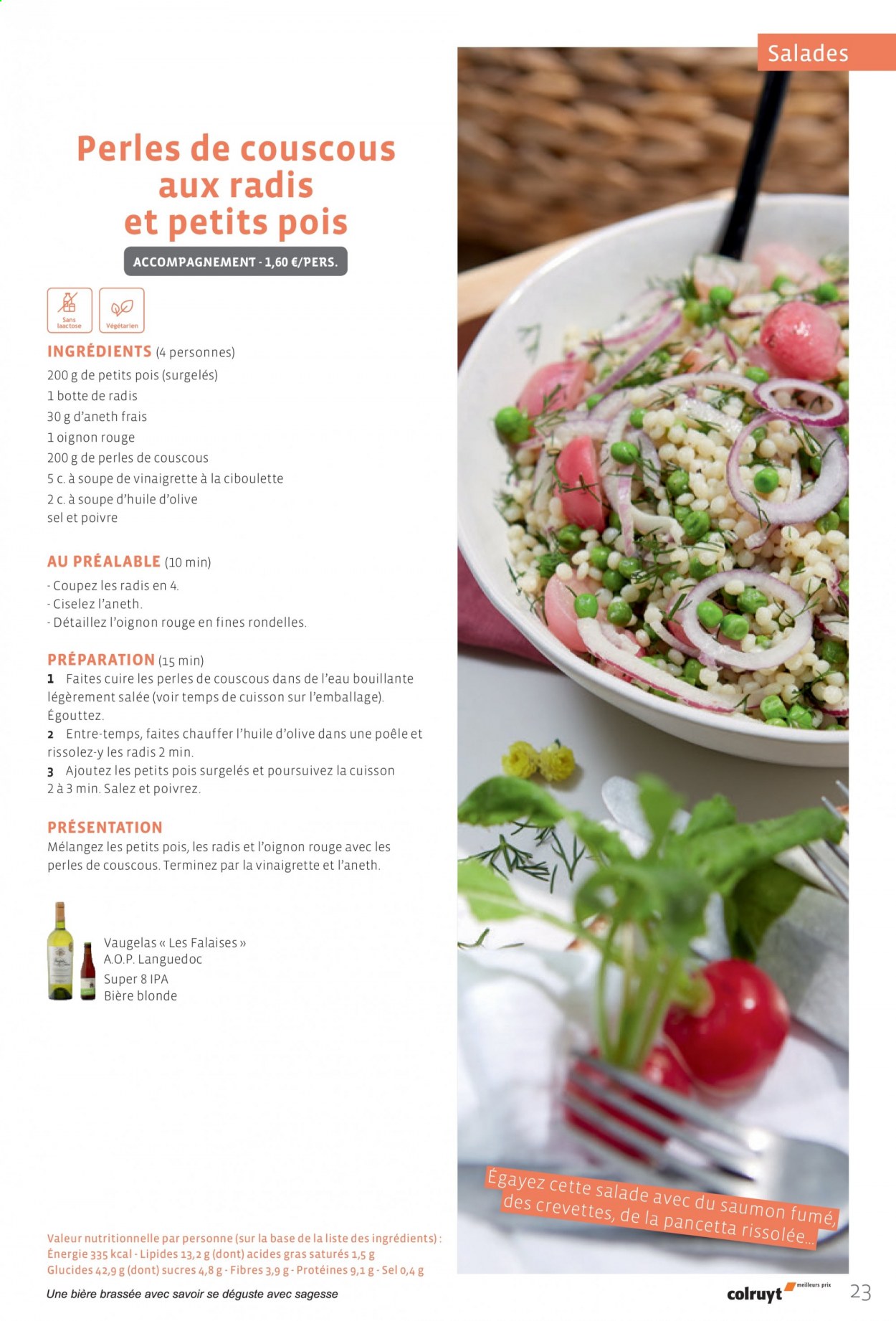 thumbnail - Colruyt-aanbieding -  producten in de aanbieding - vegetarisch eten, pancetta, vinaigrette, couscous. Pagina 23.