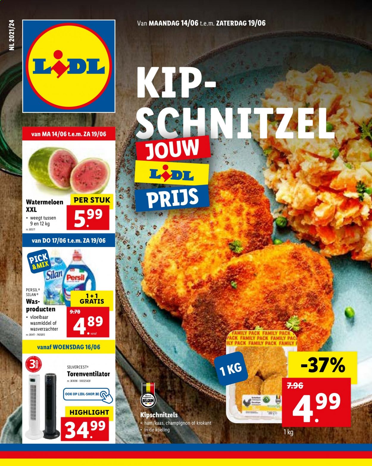 thumbnail - Lidl-aanbieding - 14/06/2021 - 19/06/2021 -  producten in de aanbieding - ham, kaas, wasmiddel, watermeloen, Persil, Silan. Pagina 1.