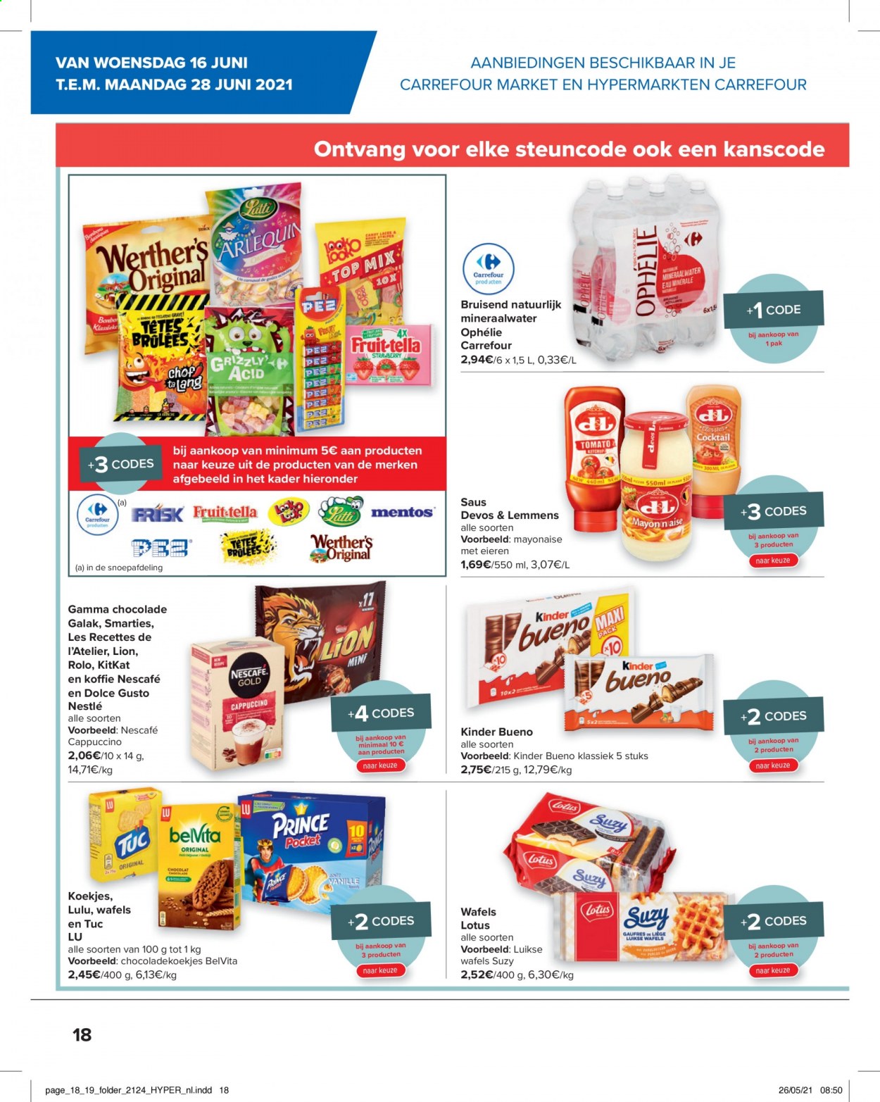 thumbnail - Carrefour-aanbieding - 16/06/2021 - 28/06/2021 -  producten in de aanbieding - Dolce Gusto, chocolade, koekjes, koffie, mayonaise, mineraalwater, Smarties, Gamma. Pagina 18.