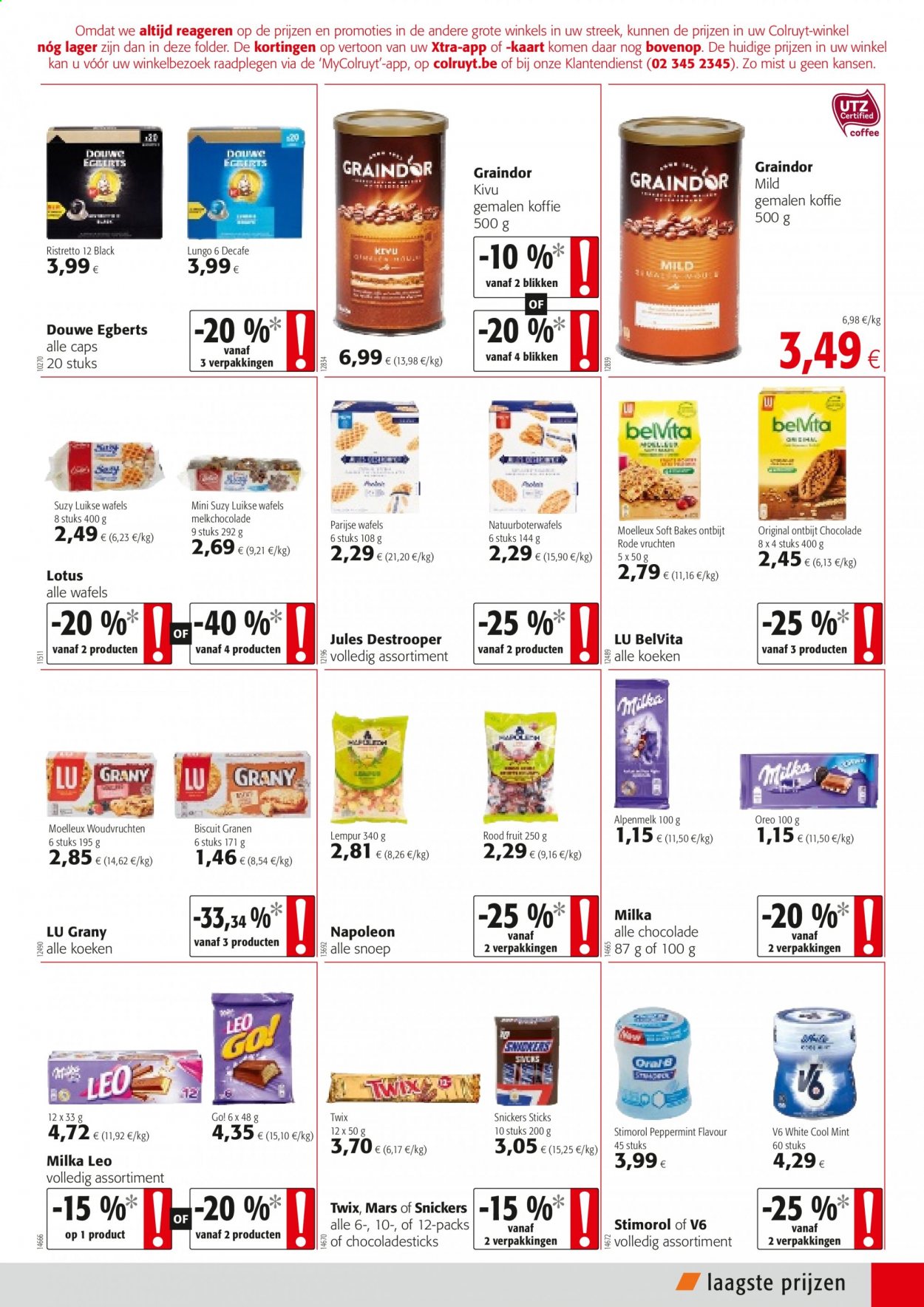 thumbnail - Colruyt-aanbieding - 16/06/2021 - 29/06/2021 -  producten in de aanbieding - Douwe Egberts, chocolade, koffie, melkchocolade, Milka, Oreo, ristretto, rode vruchten, Snickers. Pagina 5.