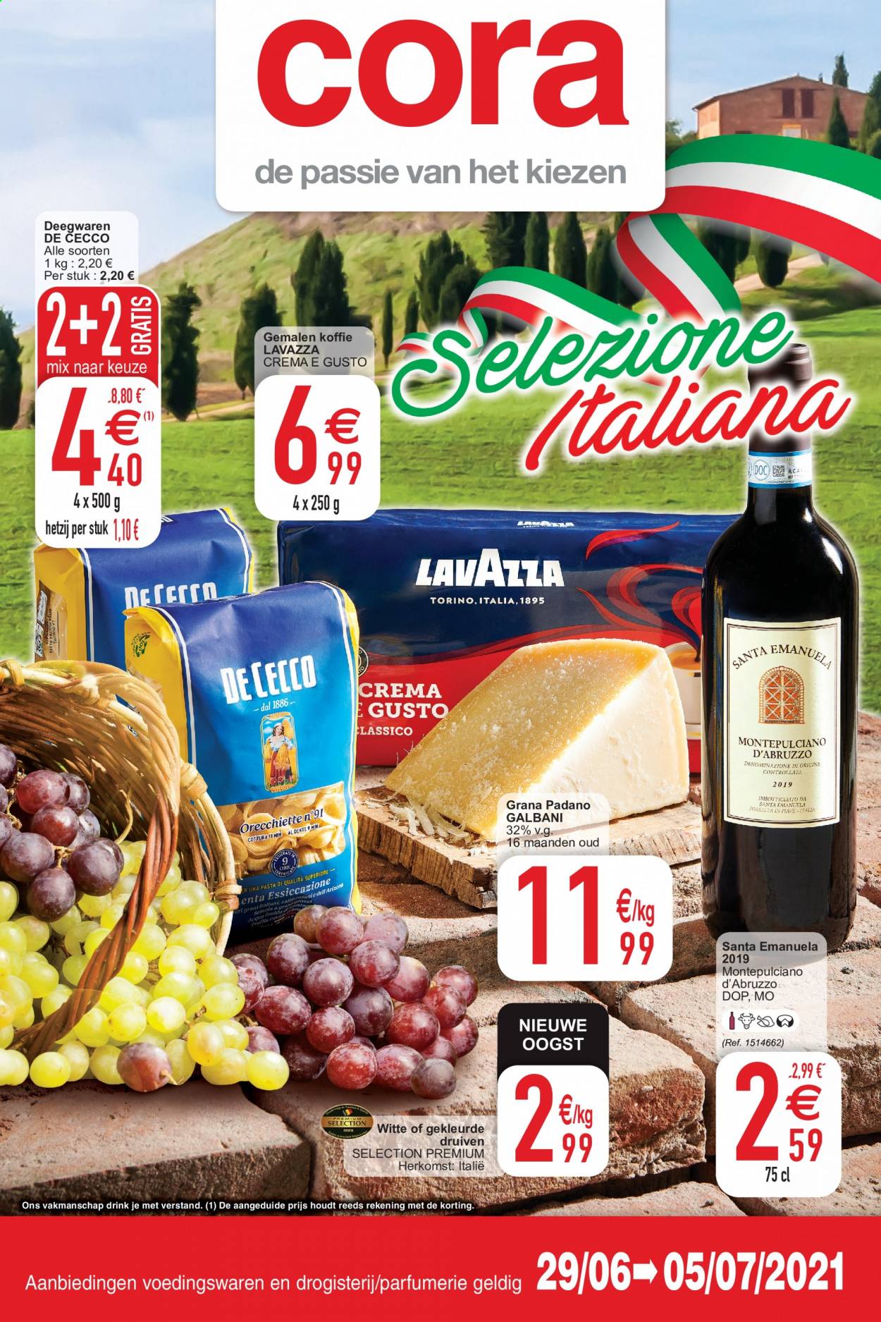 thumbnail - Cora-aanbieding - 29/06/2021 - 05/07/2021 -  producten in de aanbieding - druiven, koffie, Montepulciano, pasta, Grana Padano, Dell, Lavazza. Pagina 1.