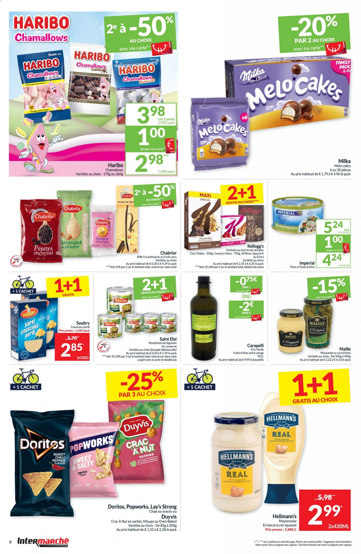 thumbnail - Intermarché-aanbieding - 06/07/2021 - 11/07/2021 -  producten in de aanbieding - B12, Hellmann's, chocolade, Milka, pure chocolade, tonijn, chips, Kellogg's, couscous, BBQ. Pagina 8.