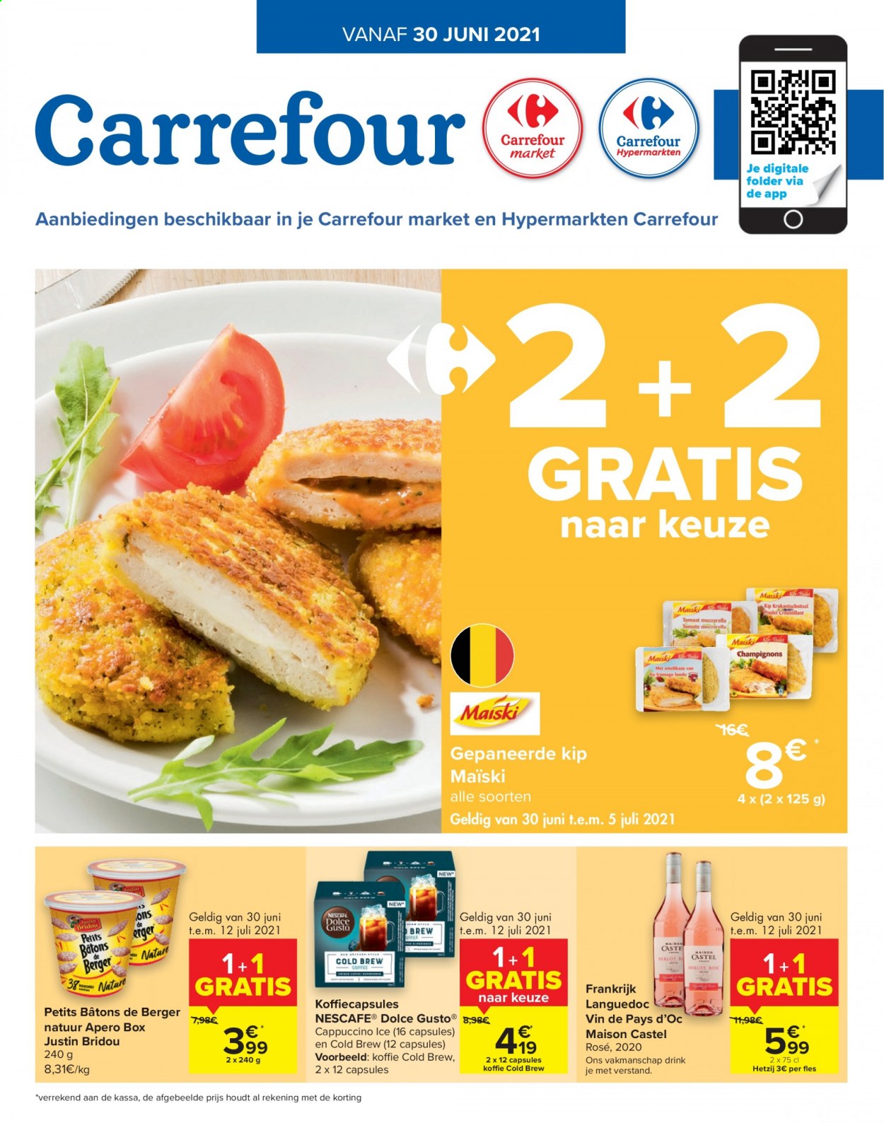 thumbnail - Carrefour-aanbieding - 30/06/2021 - 12/07/2021 -  producten in de aanbieding - Dolce Gusto, koffie, gepaneerde kip. Pagina 1.