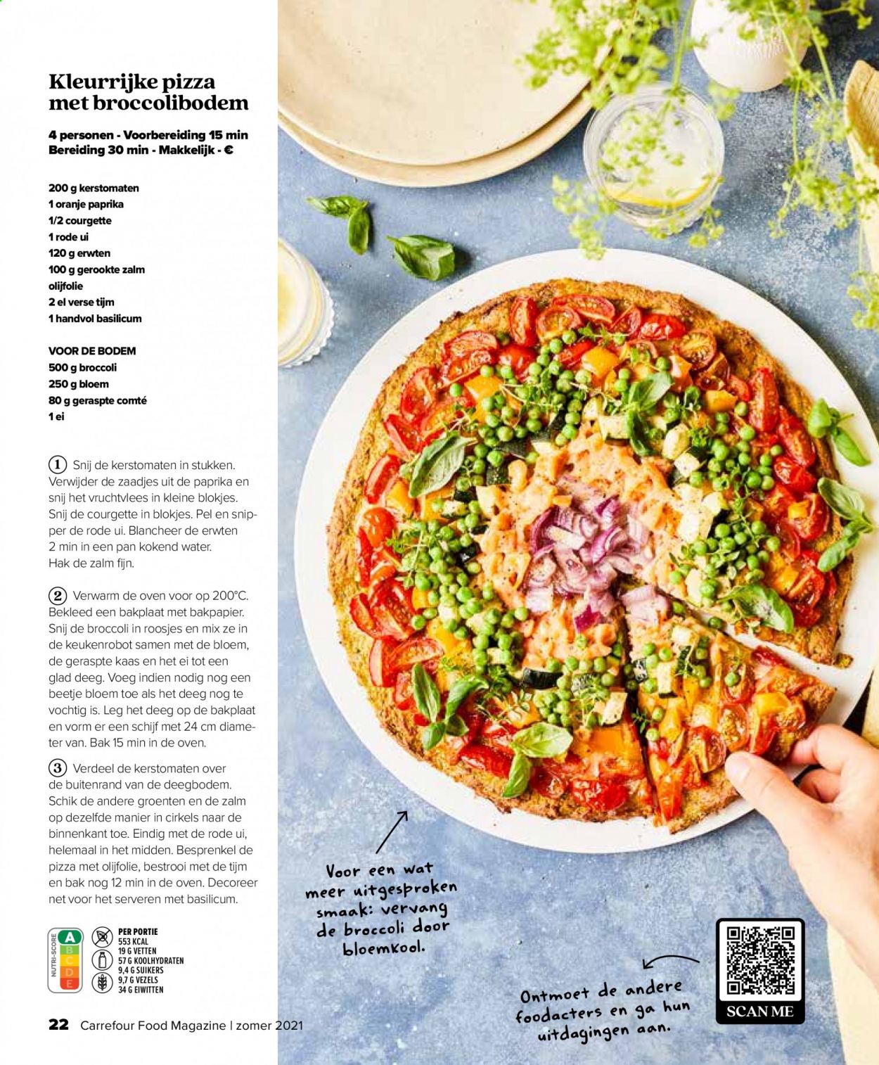 thumbnail - Carrefour-aanbieding - 28/06/2021 - 16/08/2021 -  producten in de aanbieding - bakplaat, basilicum, bloemkool, ei, kaas, oranje, oranje paprika, pan, rode ui, tijm, uien, zalm, olijfolie, geraspte kaas, gerookte zalm, broccoli, pizza, courgette. Pagina 22.